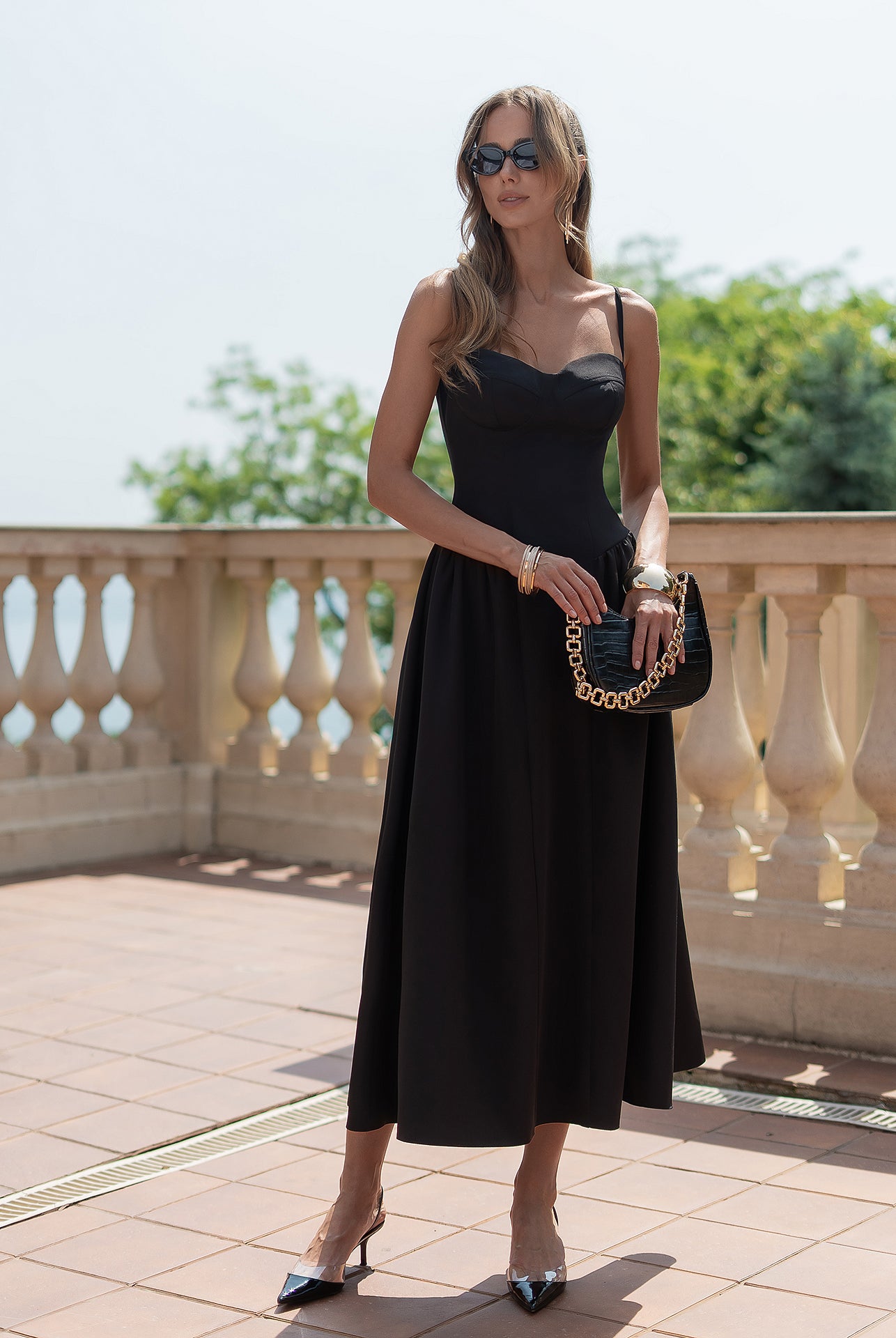 Monica Black Strappy Sweetheart Neckline Midi Dress - view 9 | ELAGIA