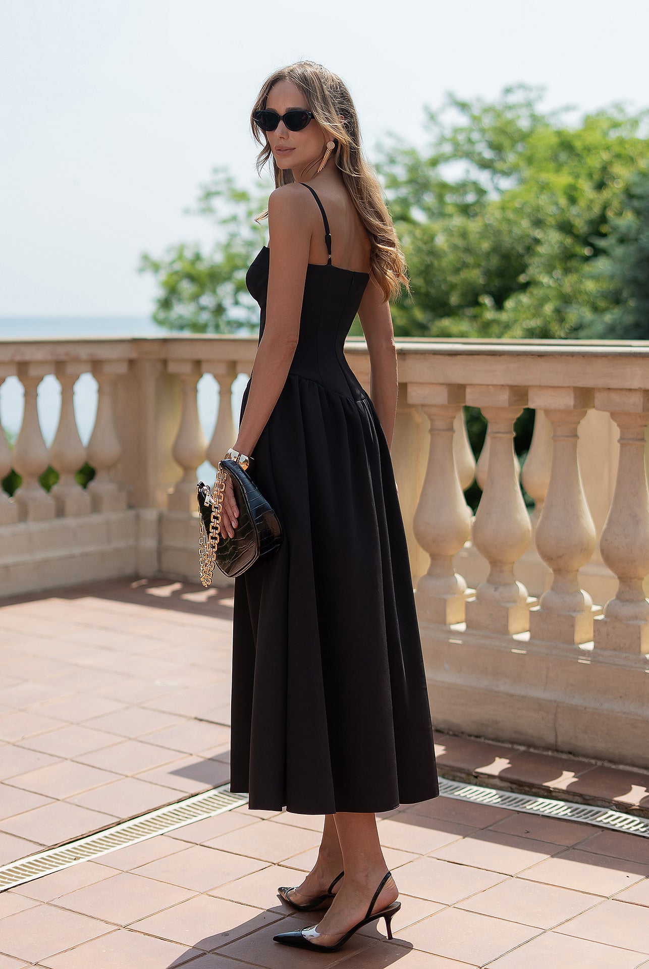 Monica Black Strappy Sweetheart Neckline Midi Dress - view 10 | ELAGIA