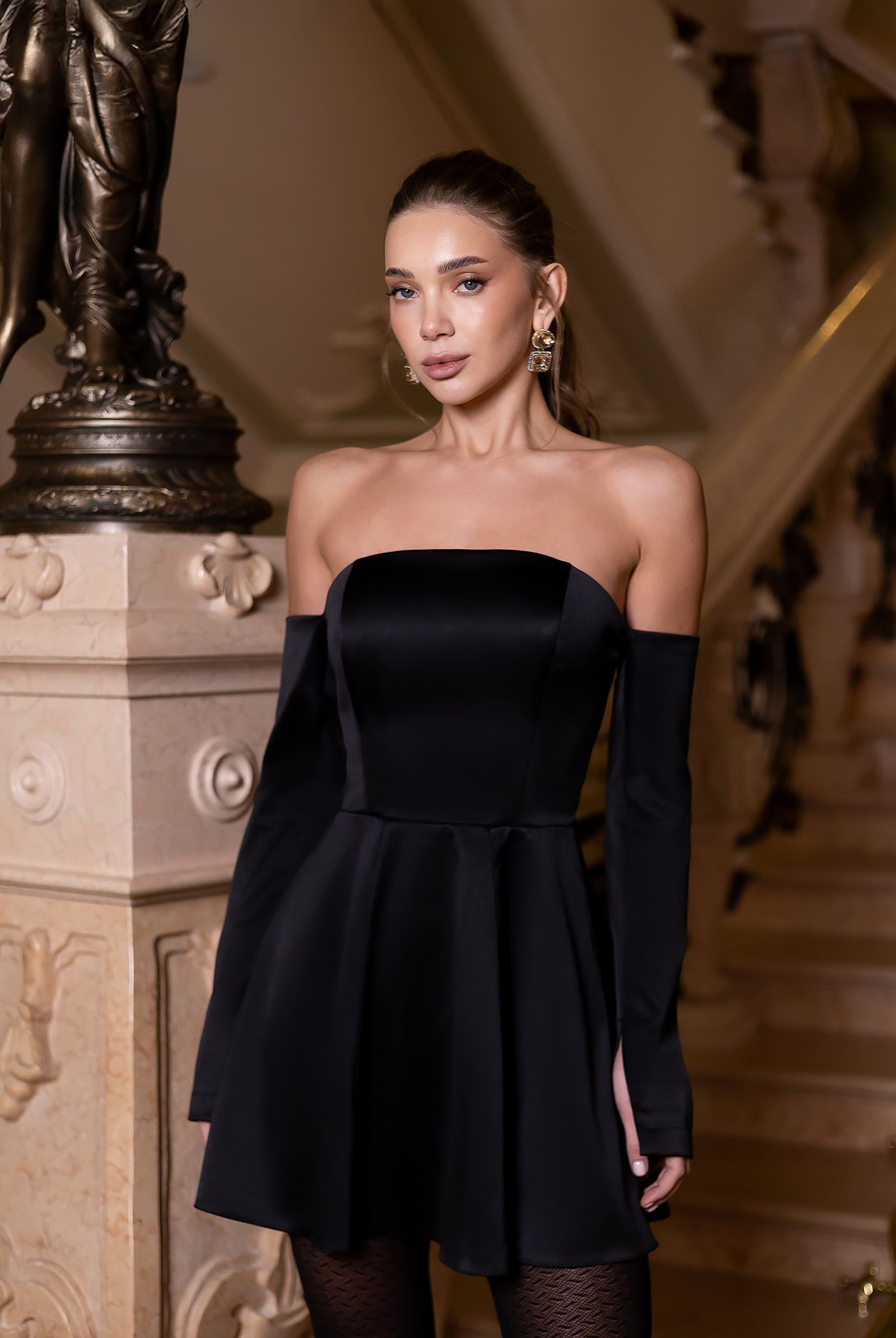 Nova Black Satin Off-Shoulder Long-Sleeve Mini Dress - close-up detail | ELAGIA