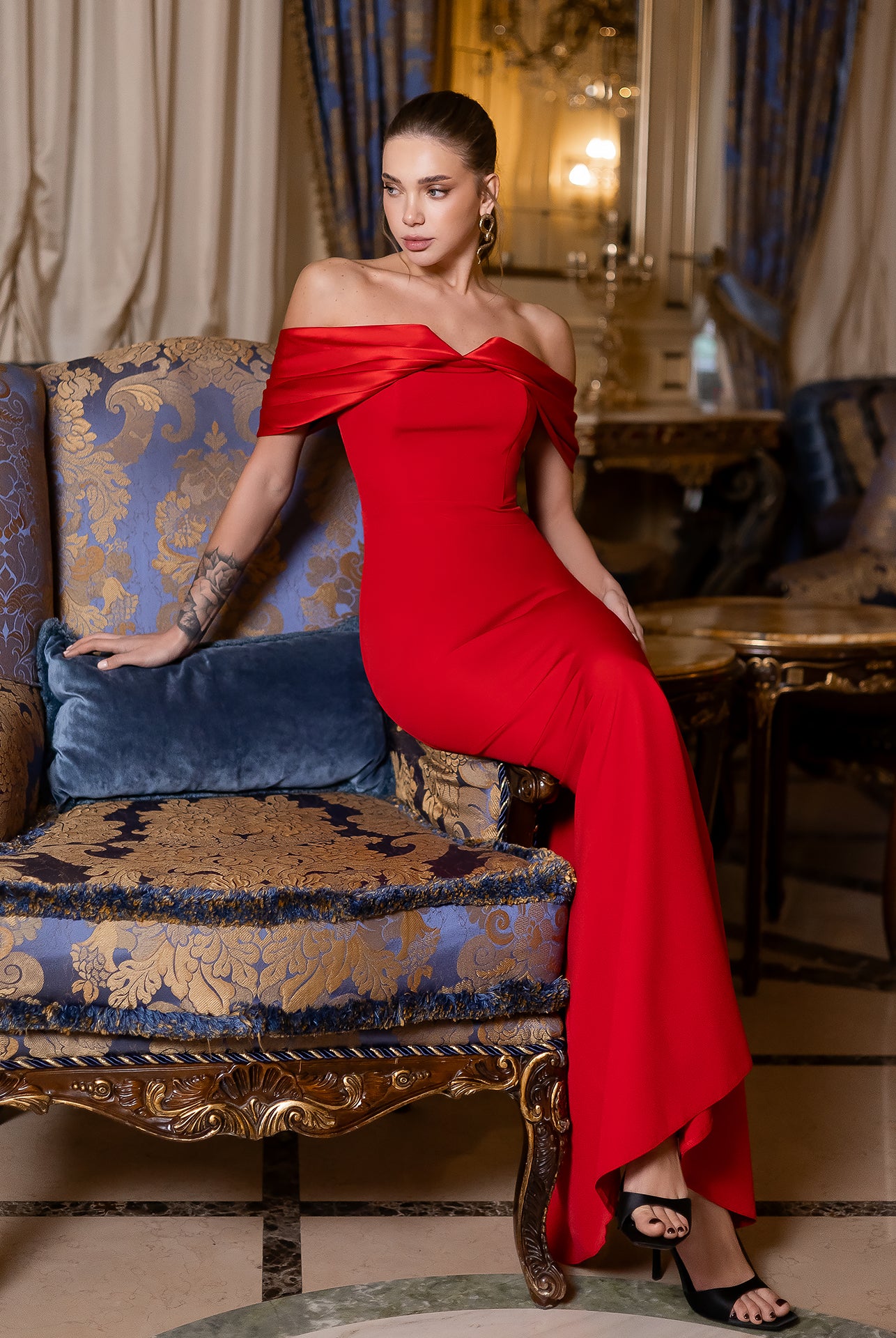 Léa Red Off-the-Shoulder Draped Maxi Dress - side view | ELAGIA