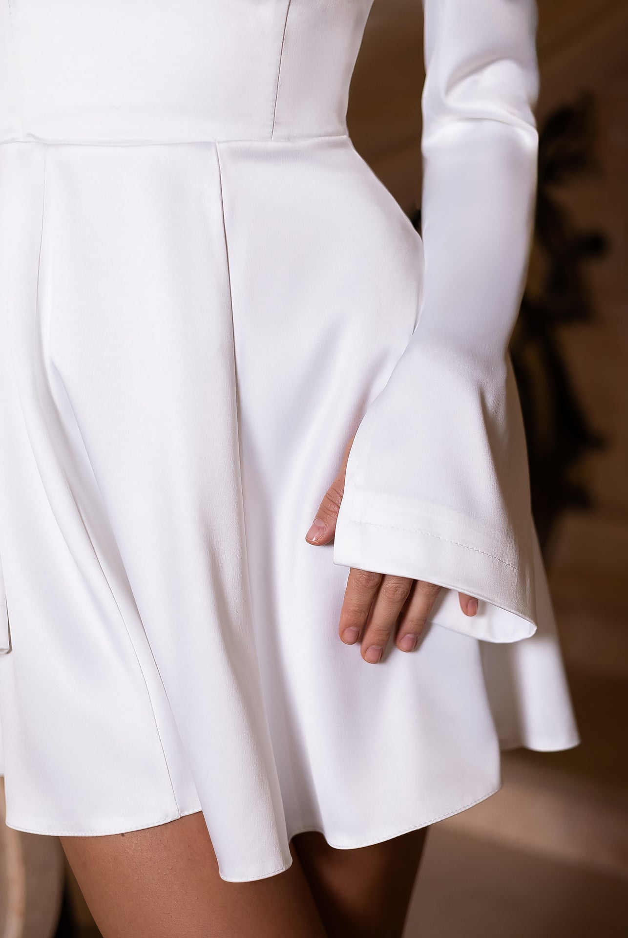 Nova White Satin Off-Shoulder Long-Sleeve Mini Dress - view 7 | ELAGIA