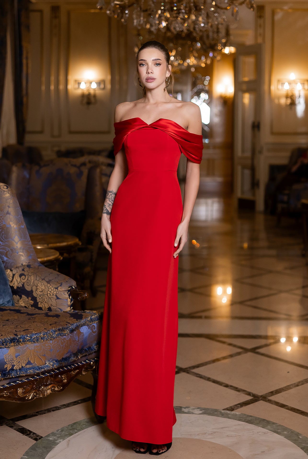 Léa Red Off-the-Shoulder Draped Maxi Dress - front view | ELAGIA