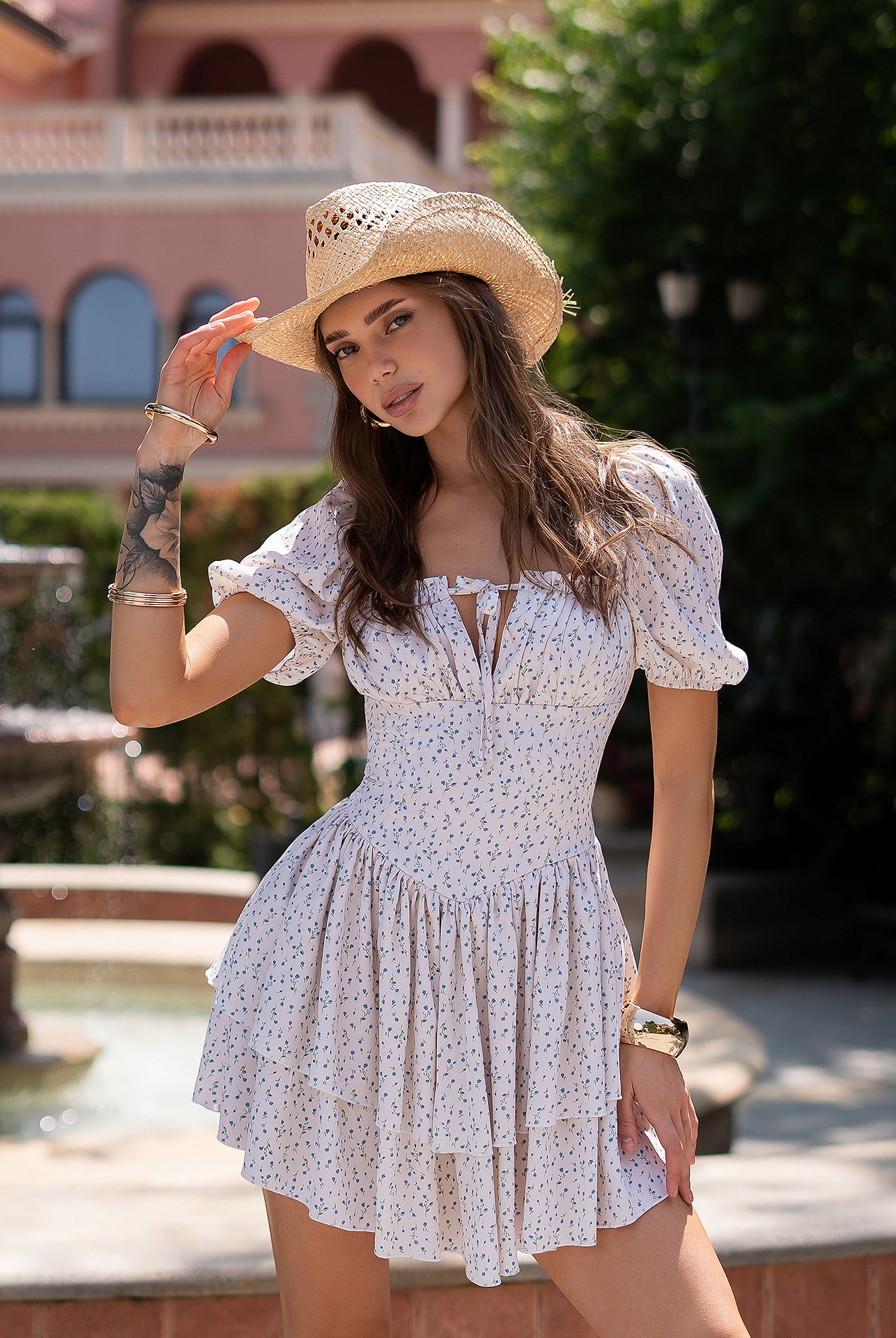 Gloria White Floral Print Square-Neck Mini Dress - back view | ELAGIA