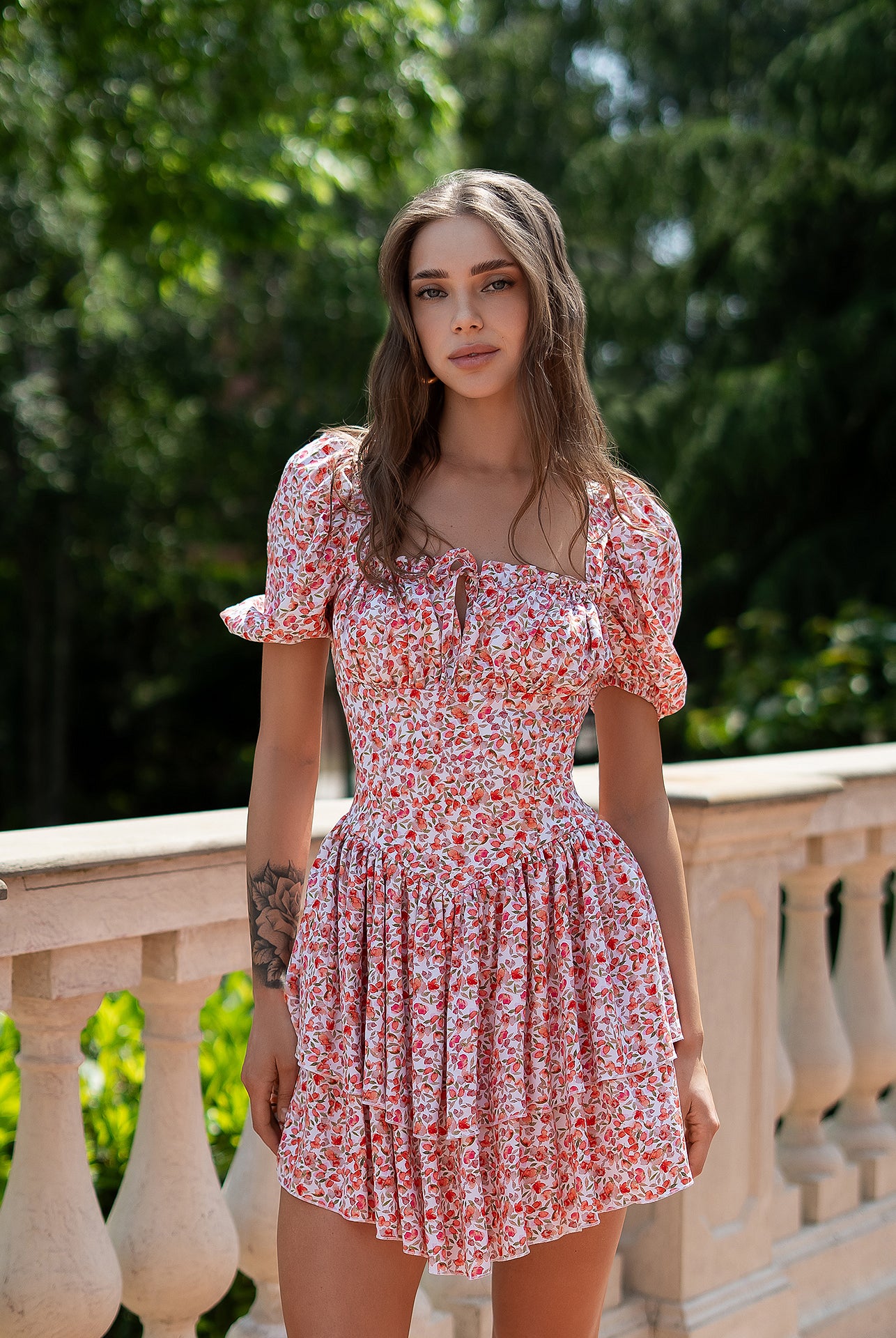 Gloria Red Floral Print Square-Neck Mini Dress - back view | ELAGIA