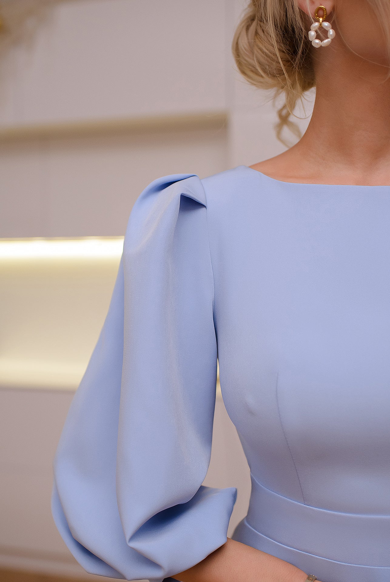Sky-Blue Backless Puff Sleeve Midi Dress - view 7 | ELAGIA