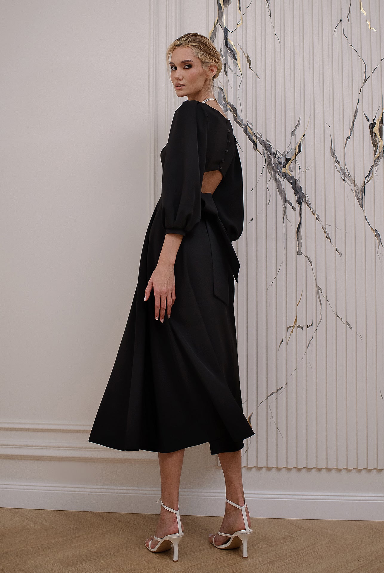 Black Backless Puff Sleeve Midi Dress - view 6 | ELAGIA