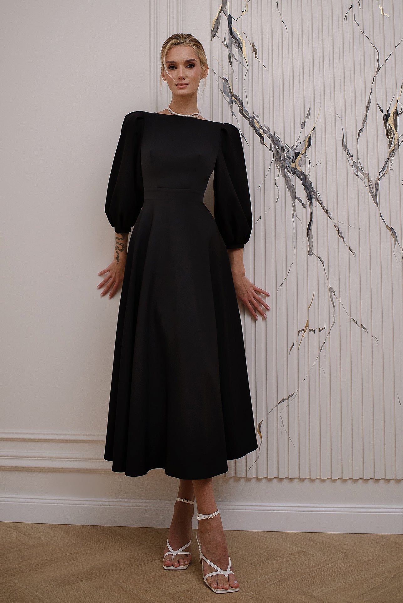 Black Backless Puff Sleeve Midi Dress - styled look | ELAGIA