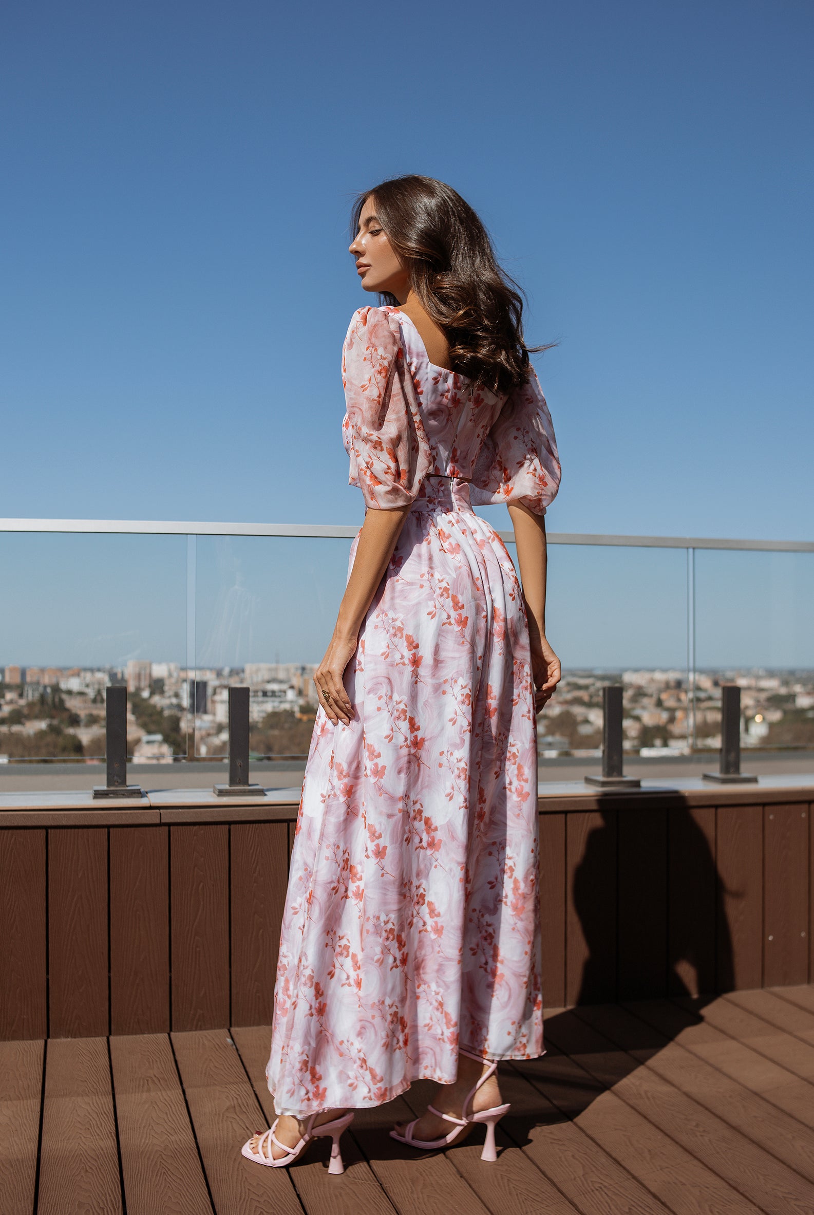Dusty Pink Floral-Print Puff Sleeve Bow Top & Midi Skirt 2-Piece Set - back view | ELAGIA