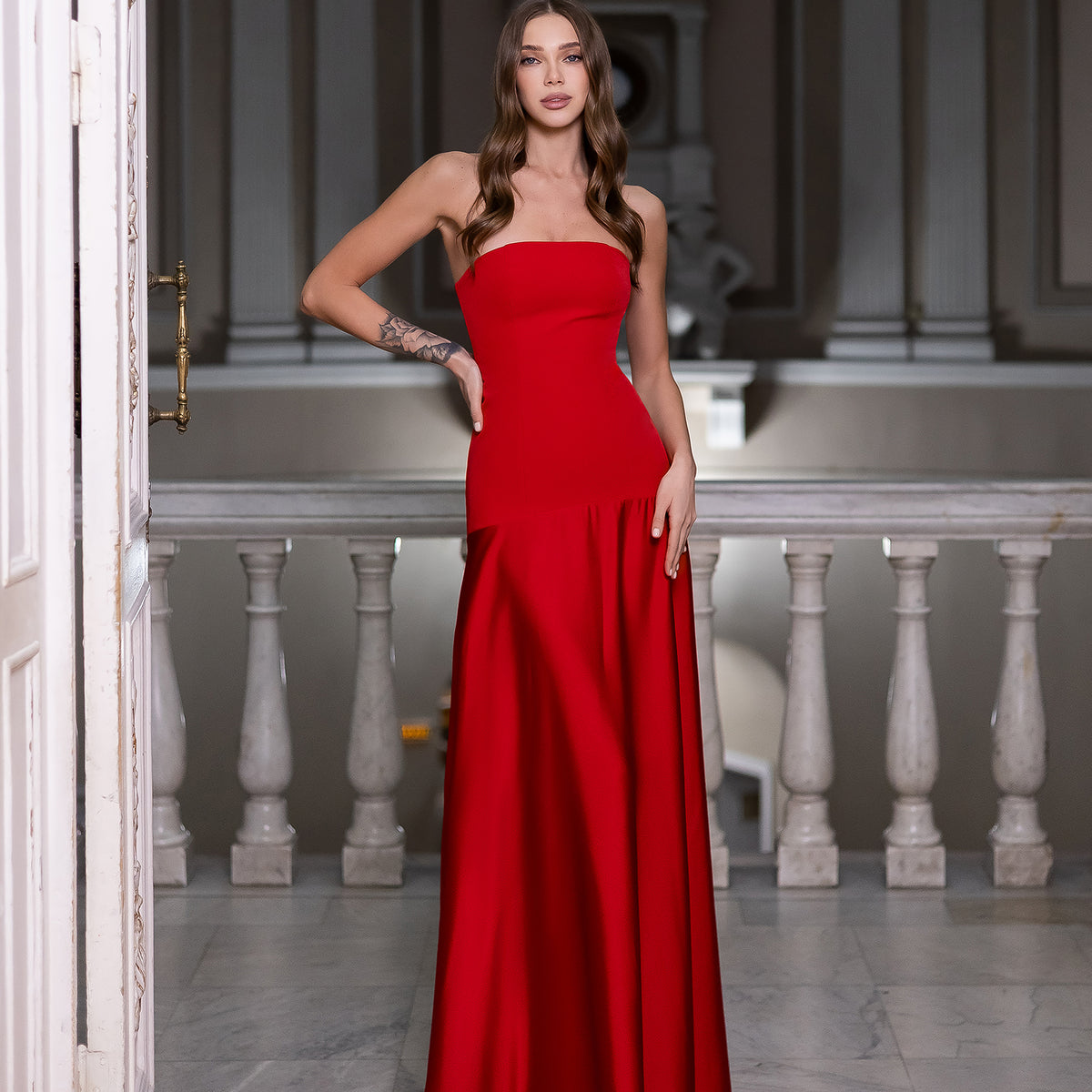 Selena Red Satin Strapless Maxi Dress
