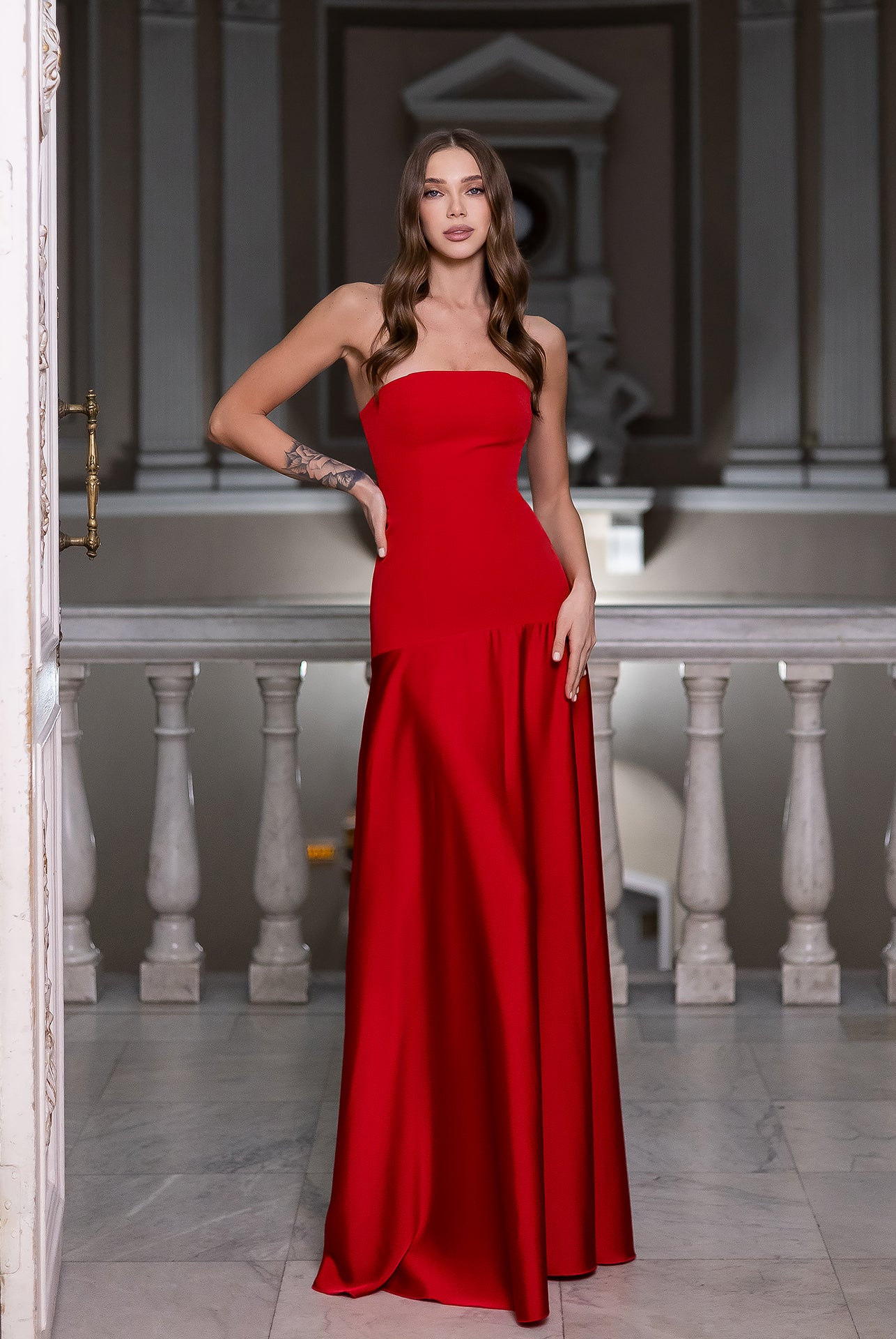 Selena Red Satin Strapless Straight-Neck Maxi Dress - front view | ELAGIA