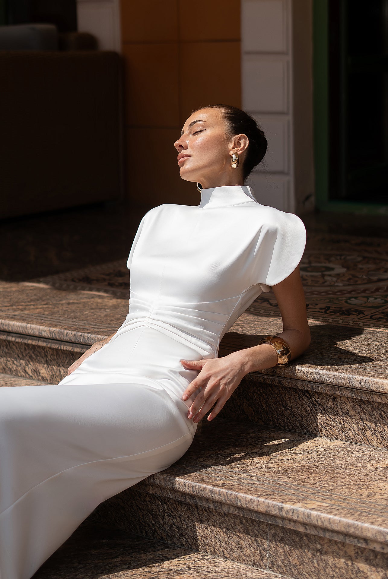 Nova White Satin High-Neck Puff-Sleeve Maxi Dress - view 8 | ELAGIA