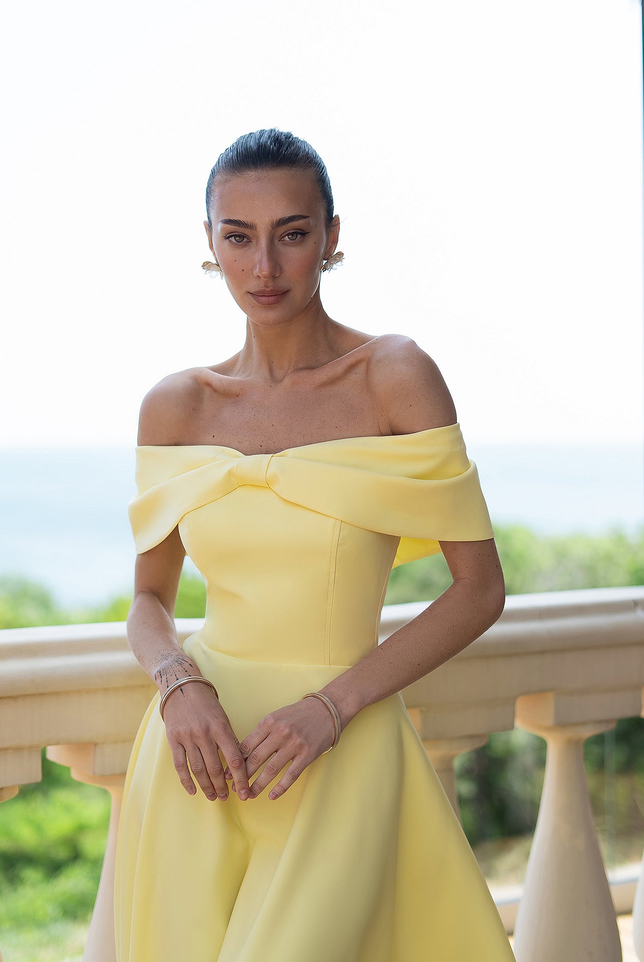 Céline Yellow Off-Shoulder Draped-Bow Midi Dress - back view | ELAGIA
