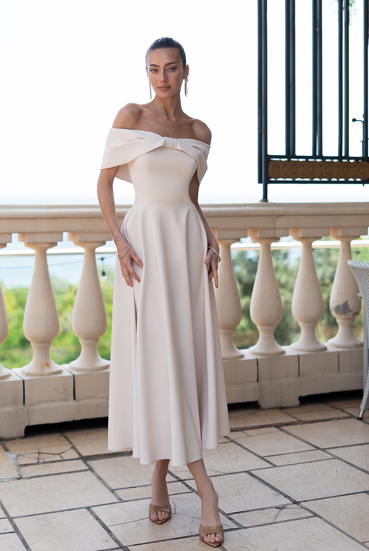 Céline Beige Off-Shoulder Draped-Bow Midi Dress - front view | ELAGIA