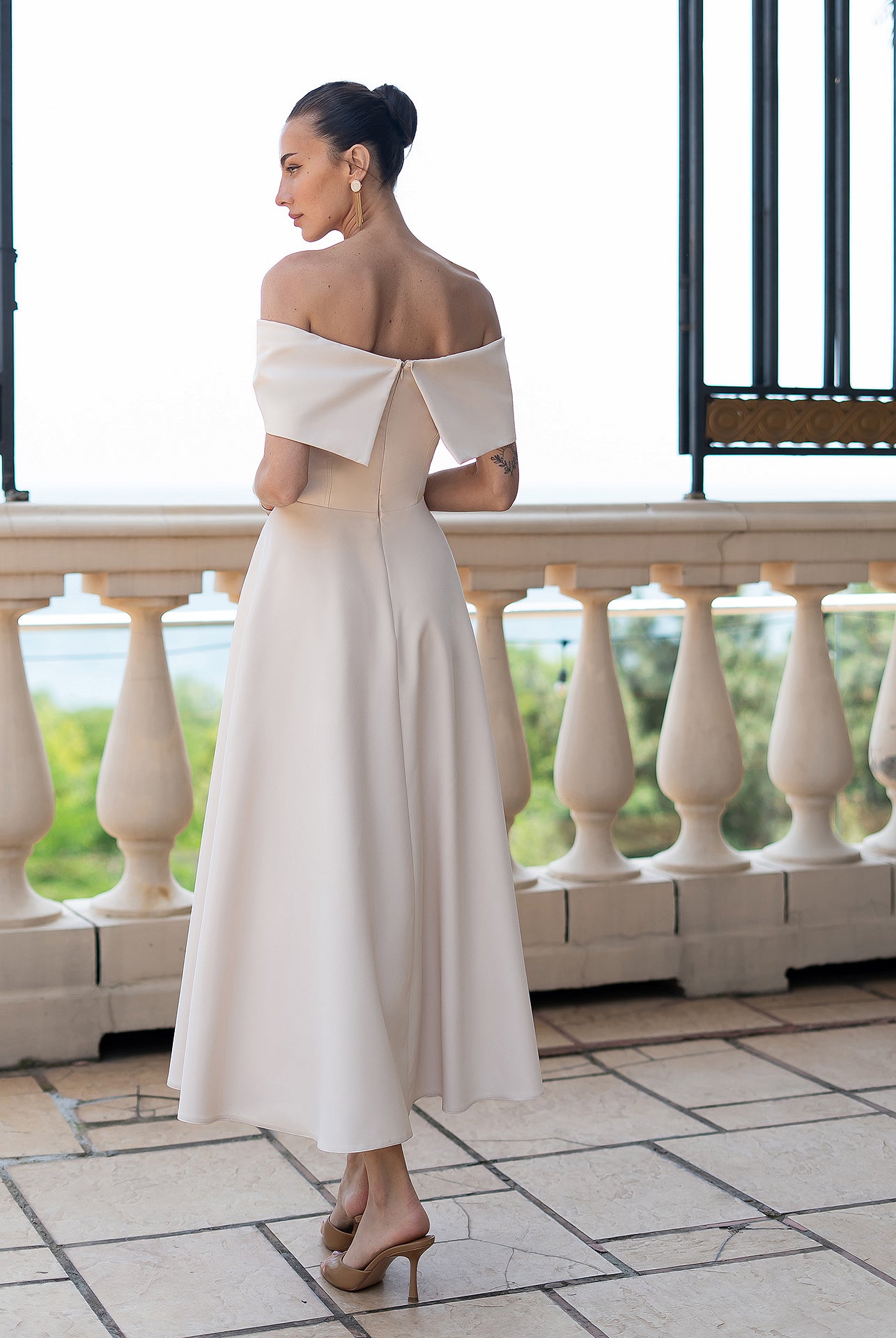 Céline Beige Off-Shoulder Draped-Bow Midi Dress - side view | ELAGIA