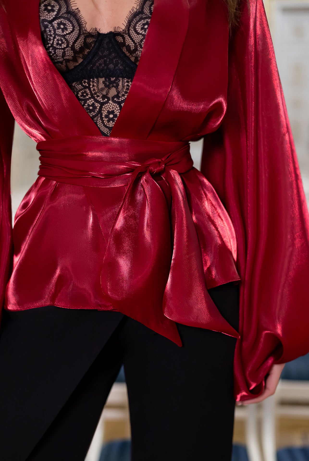 Red Shawl Collar Puff-Sleeve Belted Dress Tunic Blouse - view 10 | ELAGIA