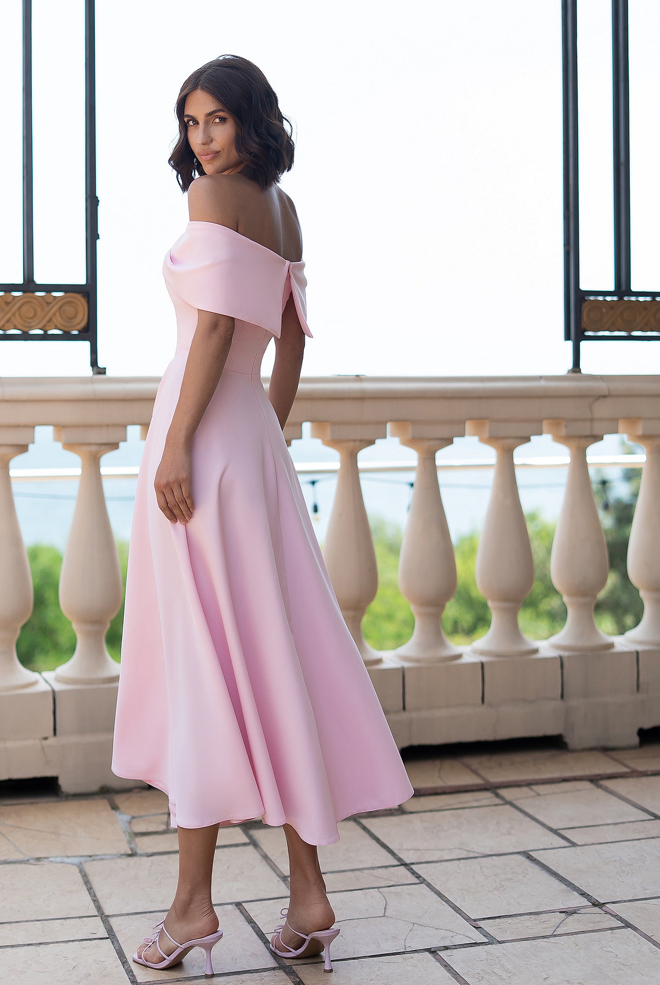 Céline Dusty Pink Off-Shoulder Draped-Bow Midi Dress - side view | ELAGIA