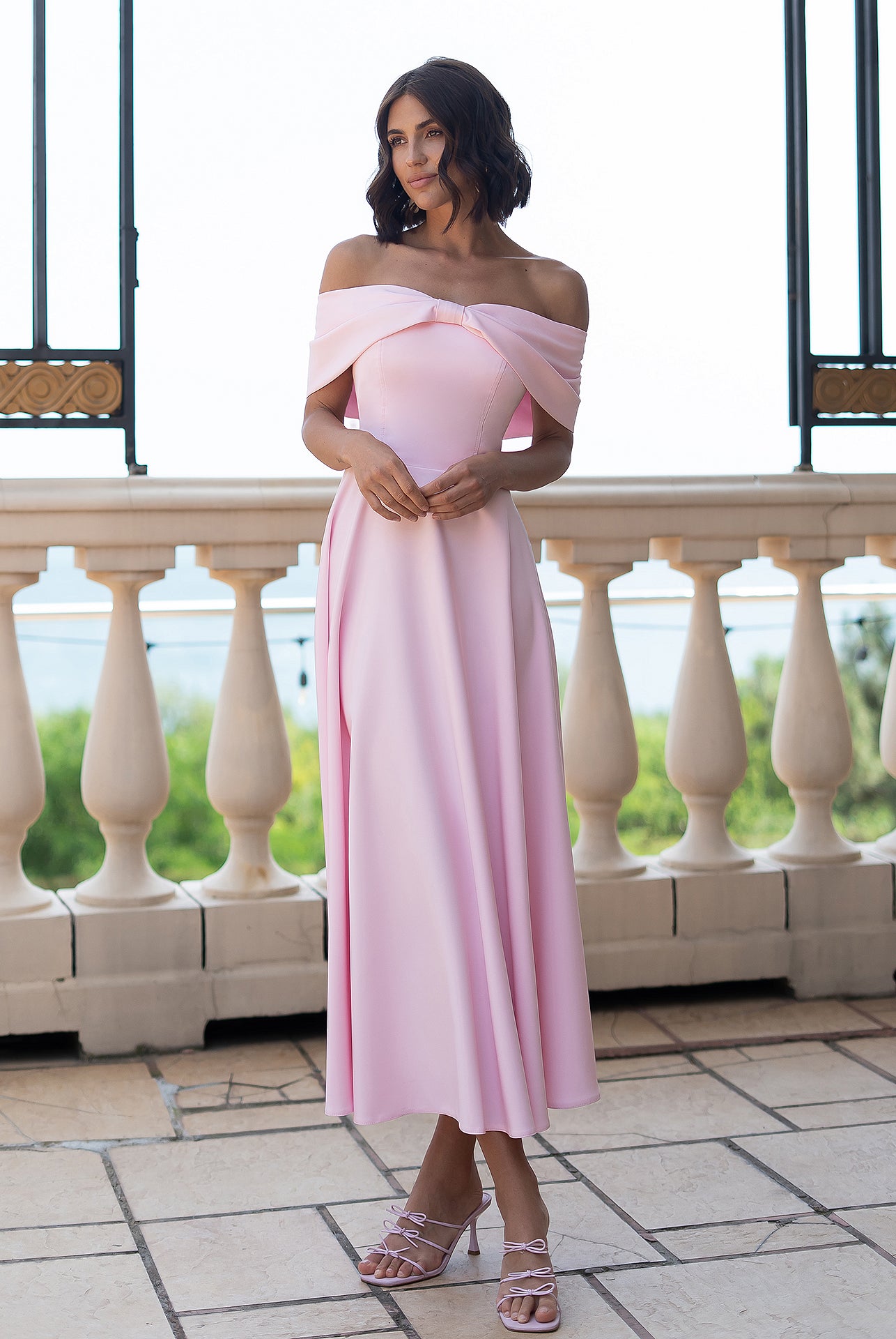 Céline Dusty Pink Off-Shoulder Draped-Bow Midi Dress - front view | ELAGIA