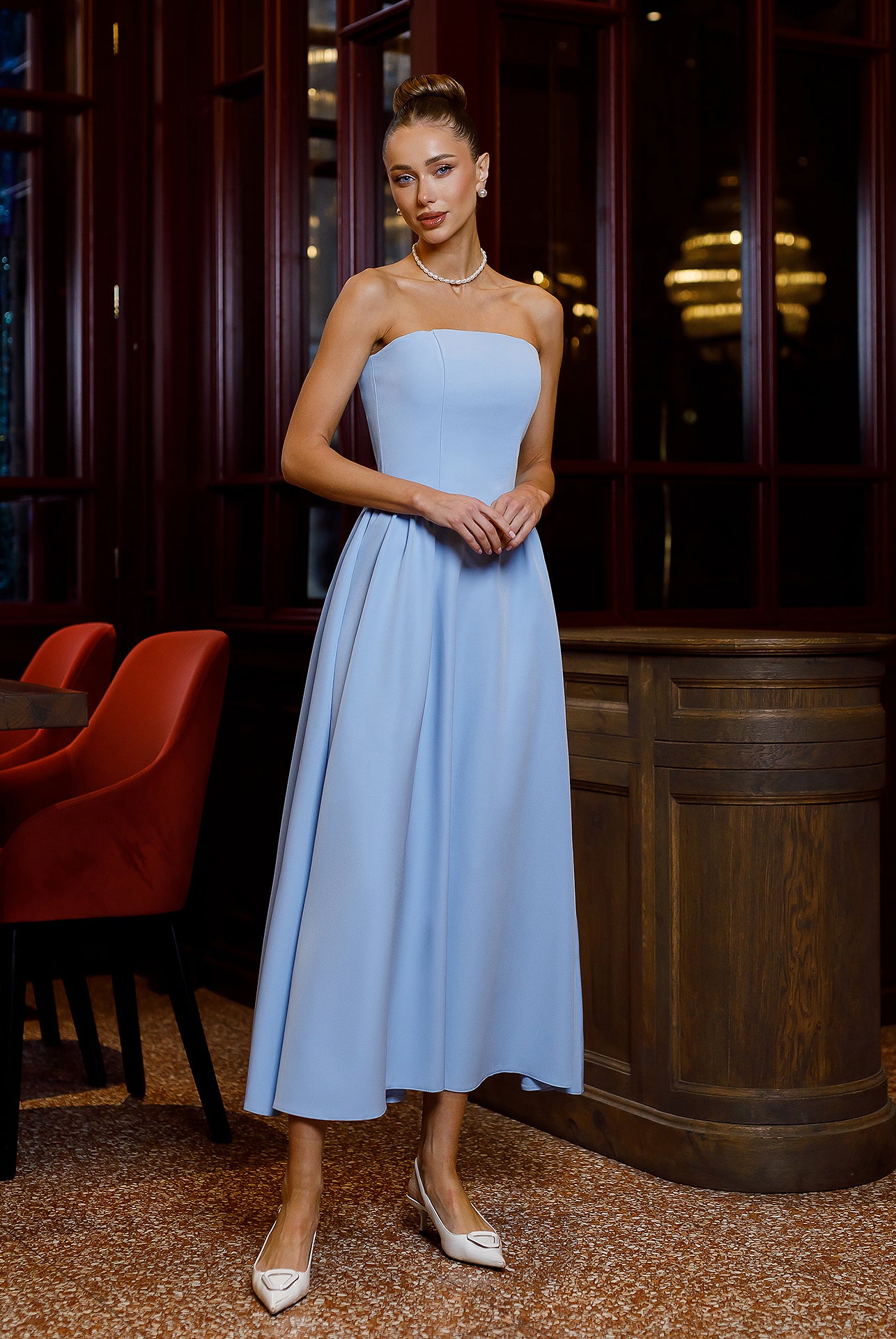 Sky-Blue Strapless Midi Dress - front view | ELAGIA