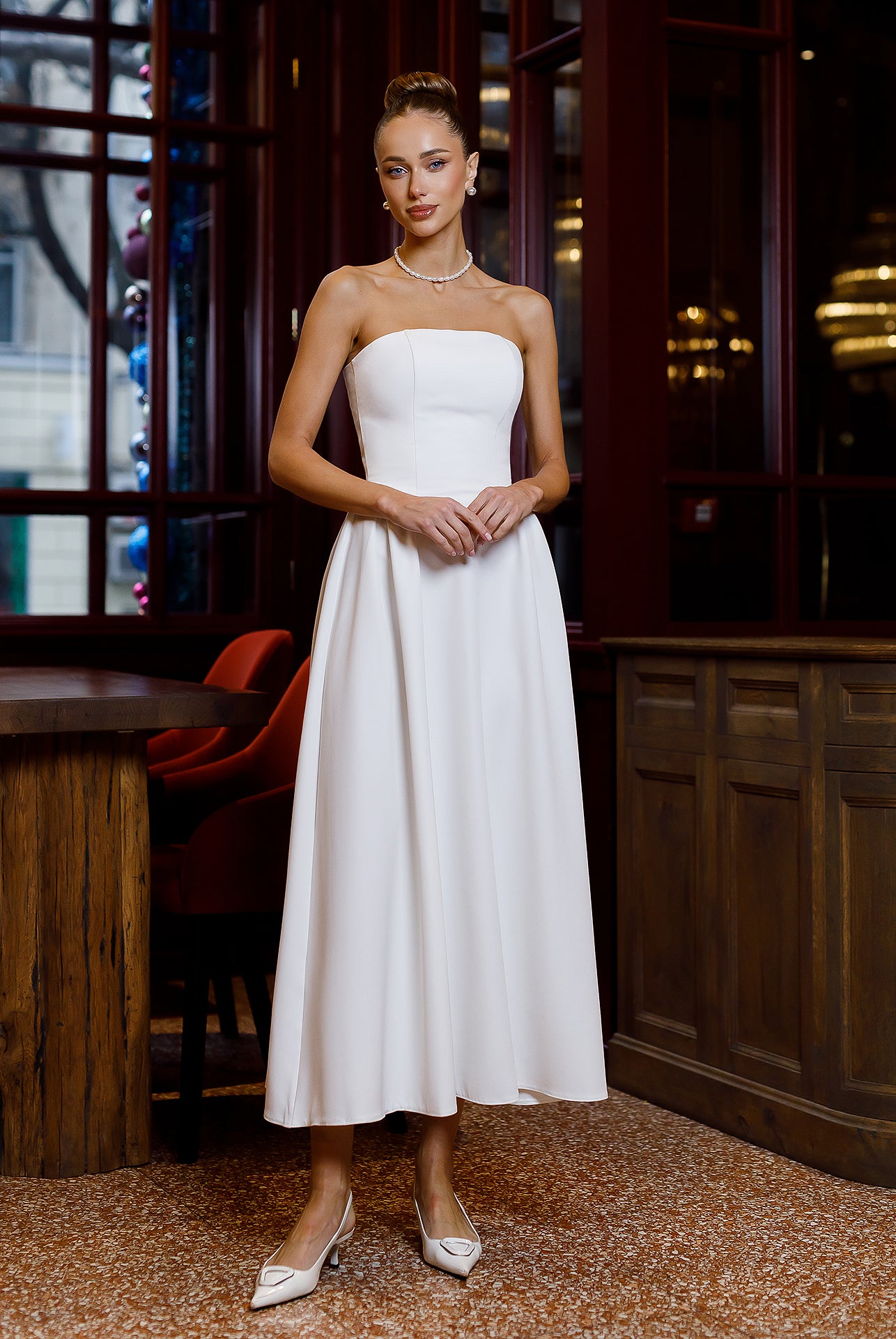 White Strapless Midi Dress - close-up detail | ELAGIA