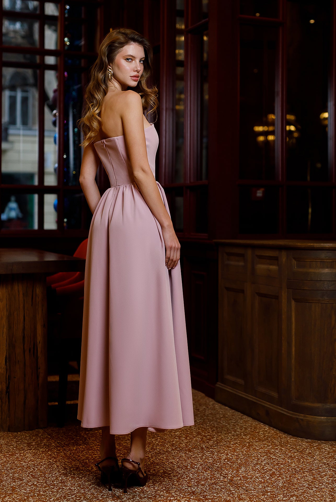 Dusty Pink Strapless Midi Dress - view 6 | ELAGIA