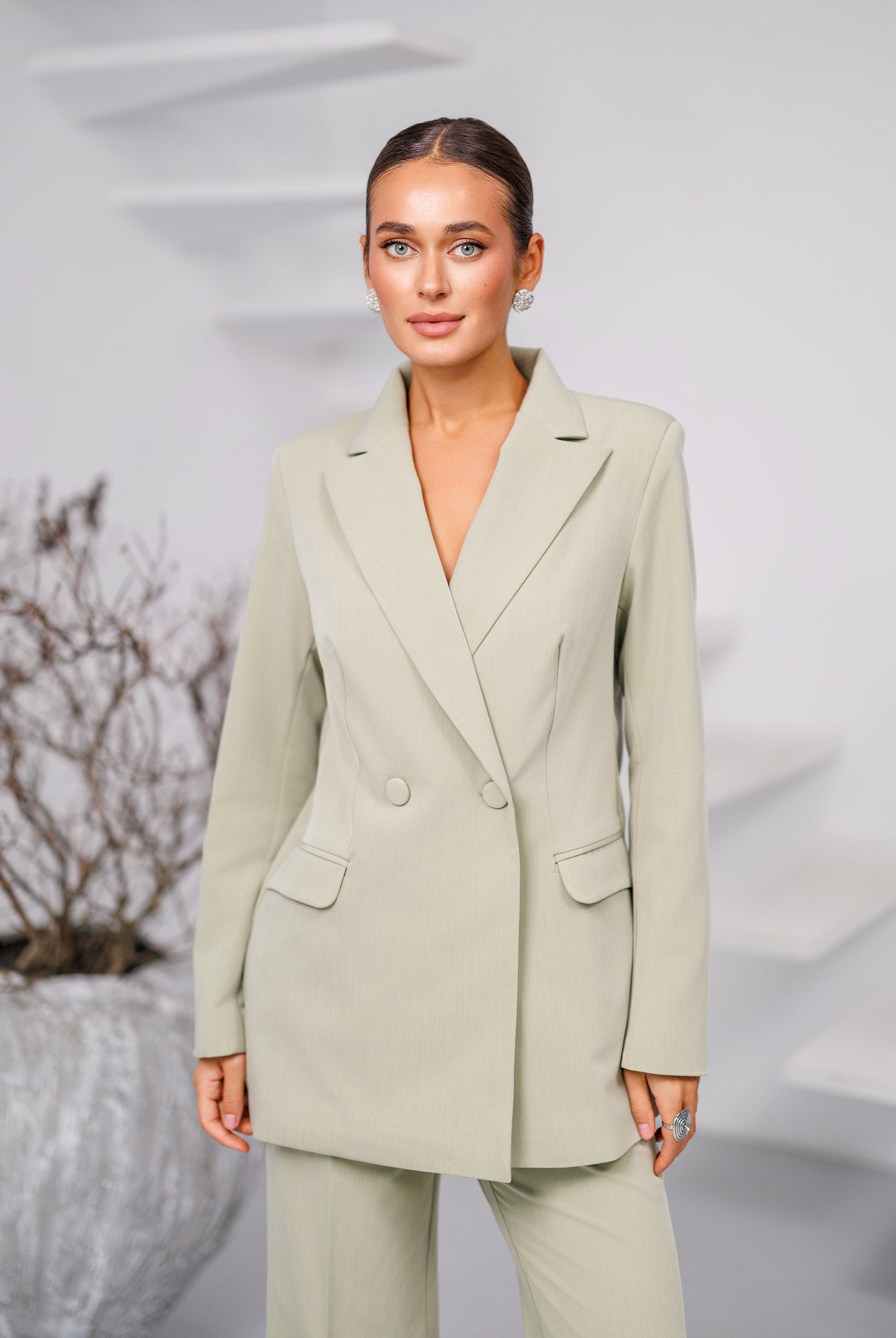 Avira Olive Double-Breasted Suit 2-Piece - styled look | ELAGIA
