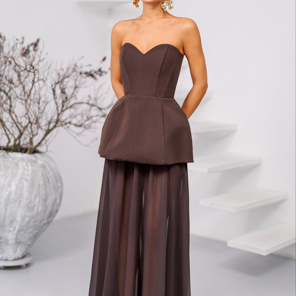Brown Strapless Sweetheart Chiffon Maxi Dress
