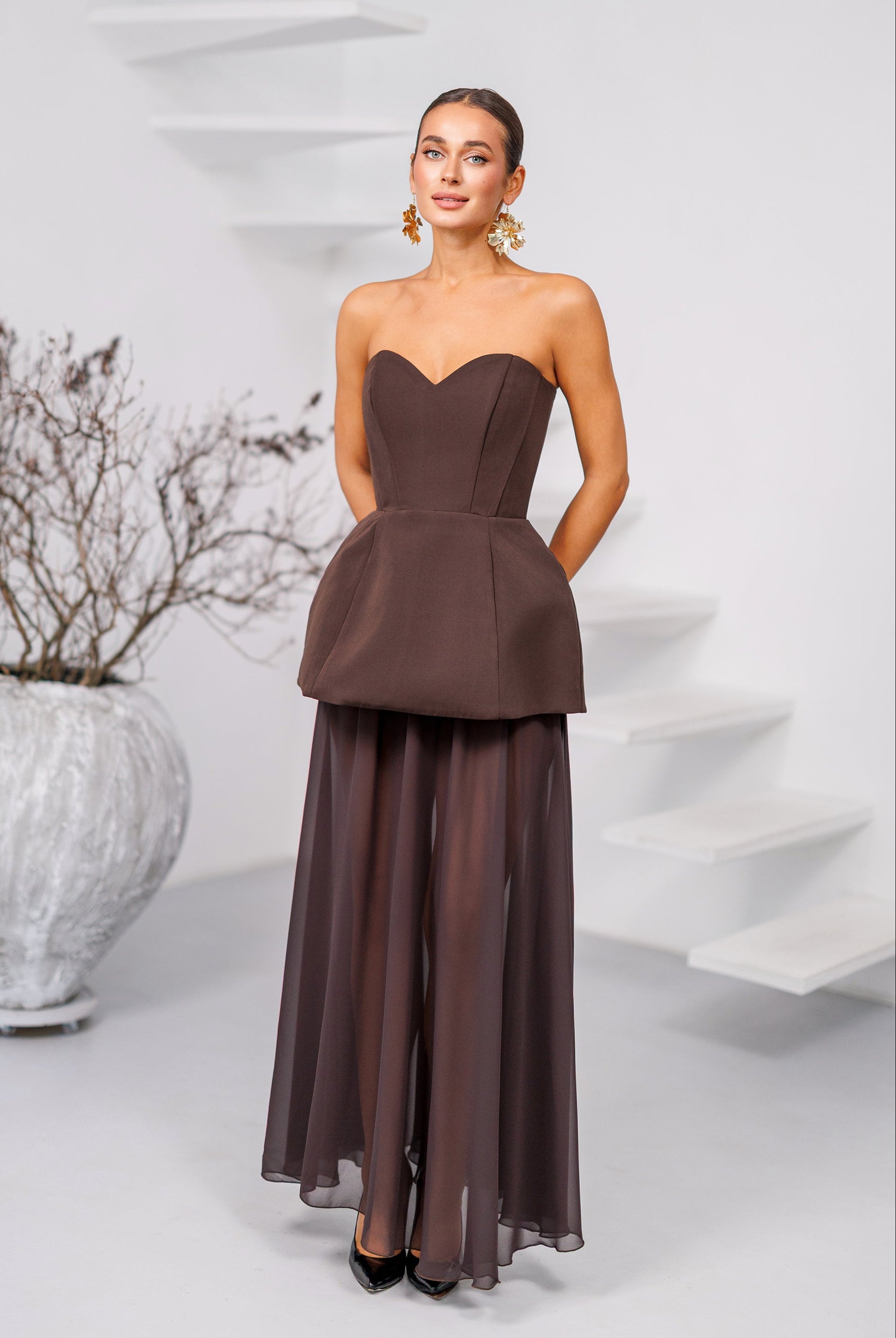 Brown Strapless Sweetheart Chiffon Skirt Maxi Dress - front view | ELAGIA