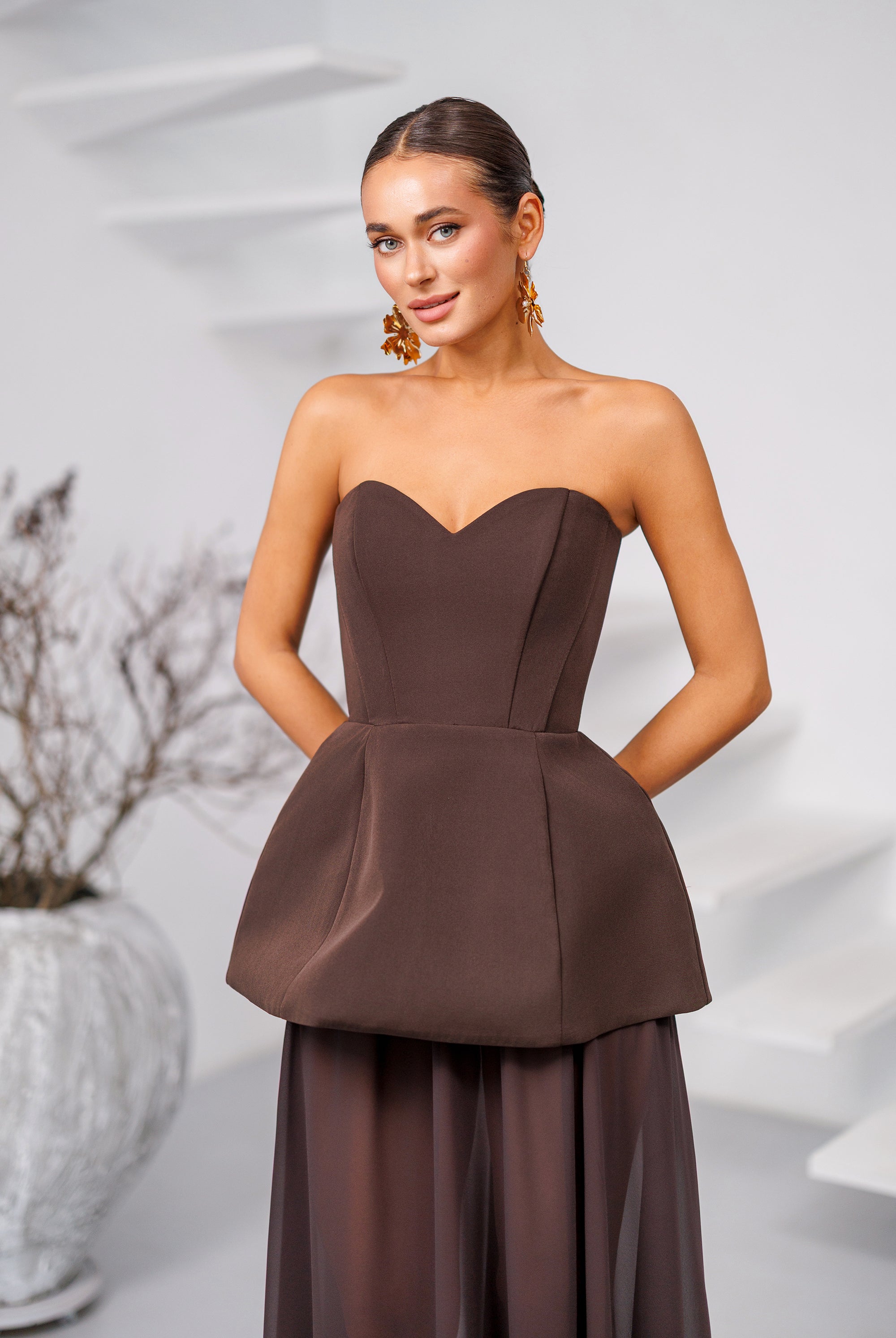 Brown Strapless Sweetheart Chiffon Skirt Maxi Dress - close-up detail | ELAGIA
