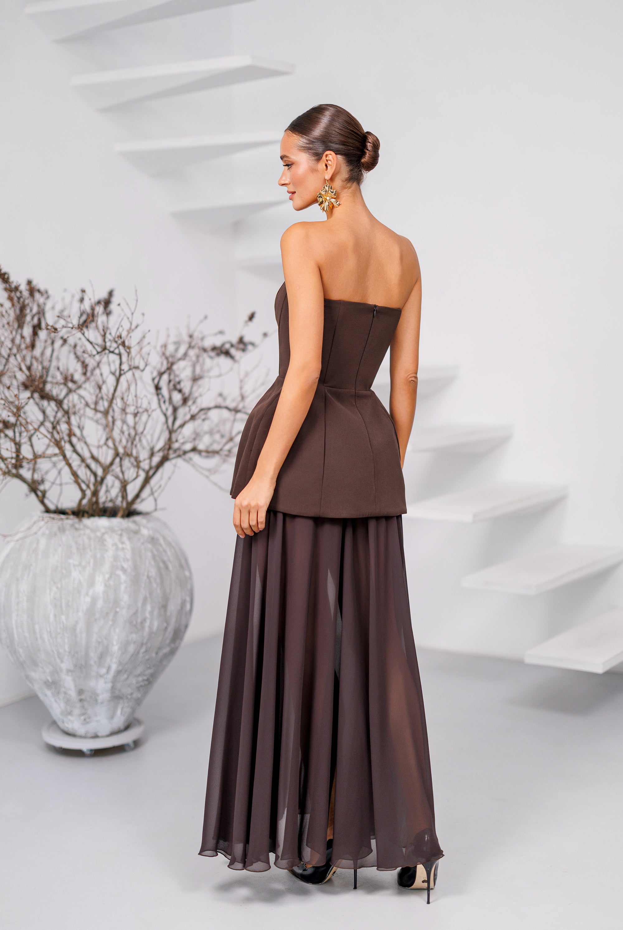 Brown Strapless Sweetheart Chiffon Skirt Maxi Dress - styled look | ELAGIA