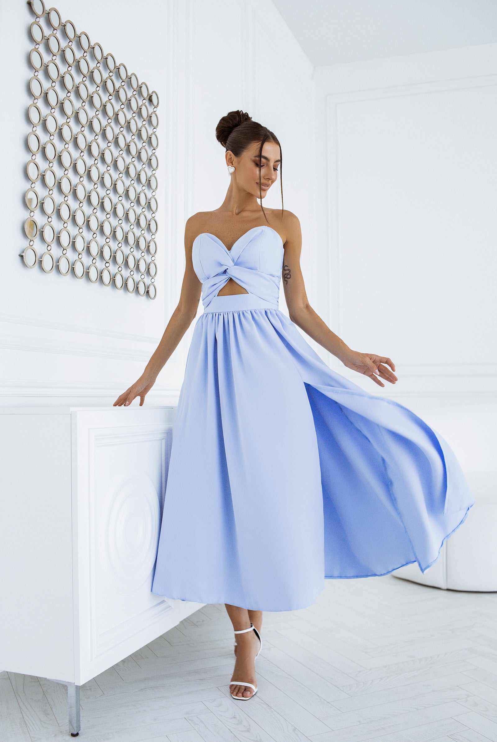 Sky-Blue Sweetheart Cut-Out Midi Dress - front view | ELAGIA