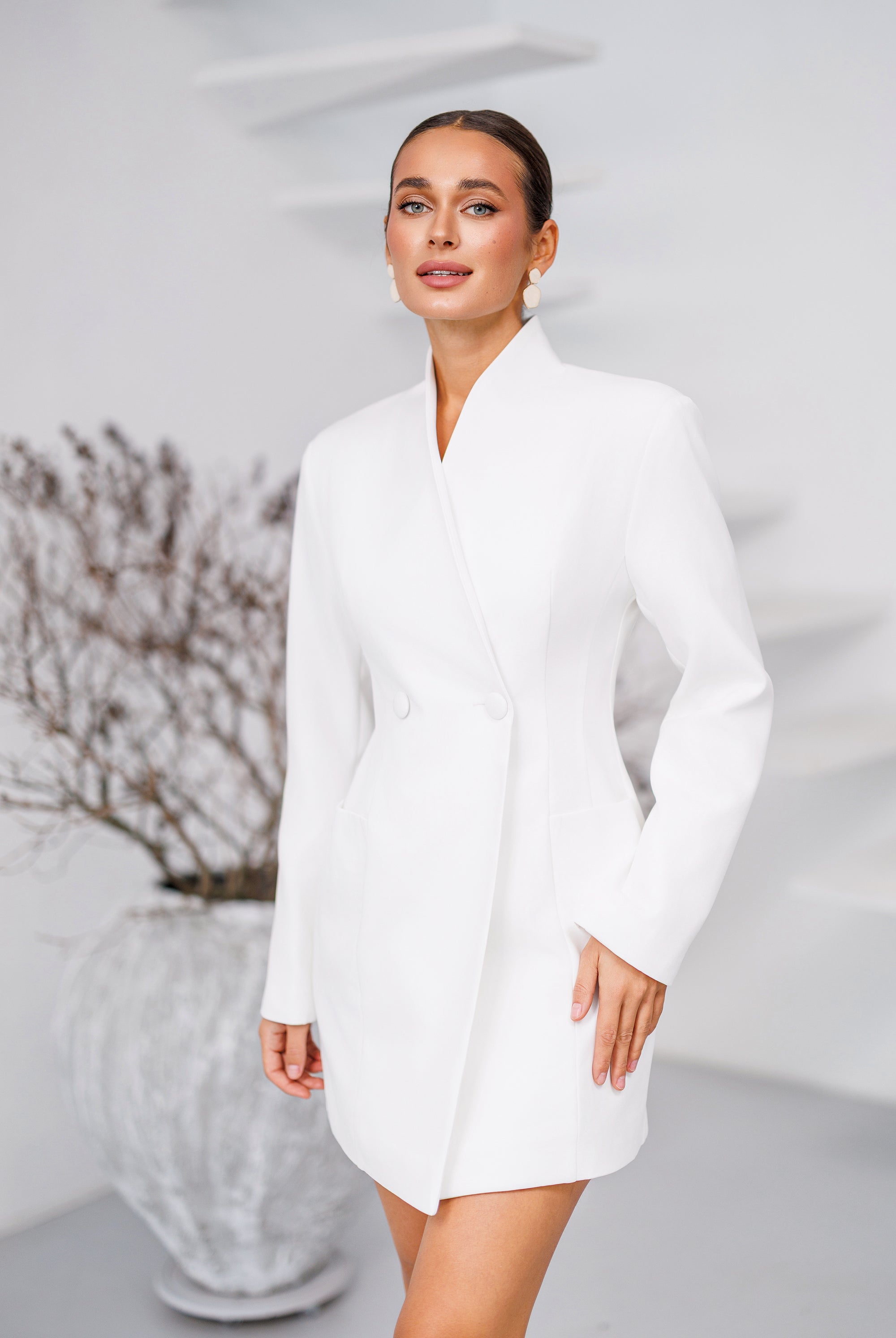 Monte White Collarless Double-Breasted Blazer Dress - back view | ELAGIA