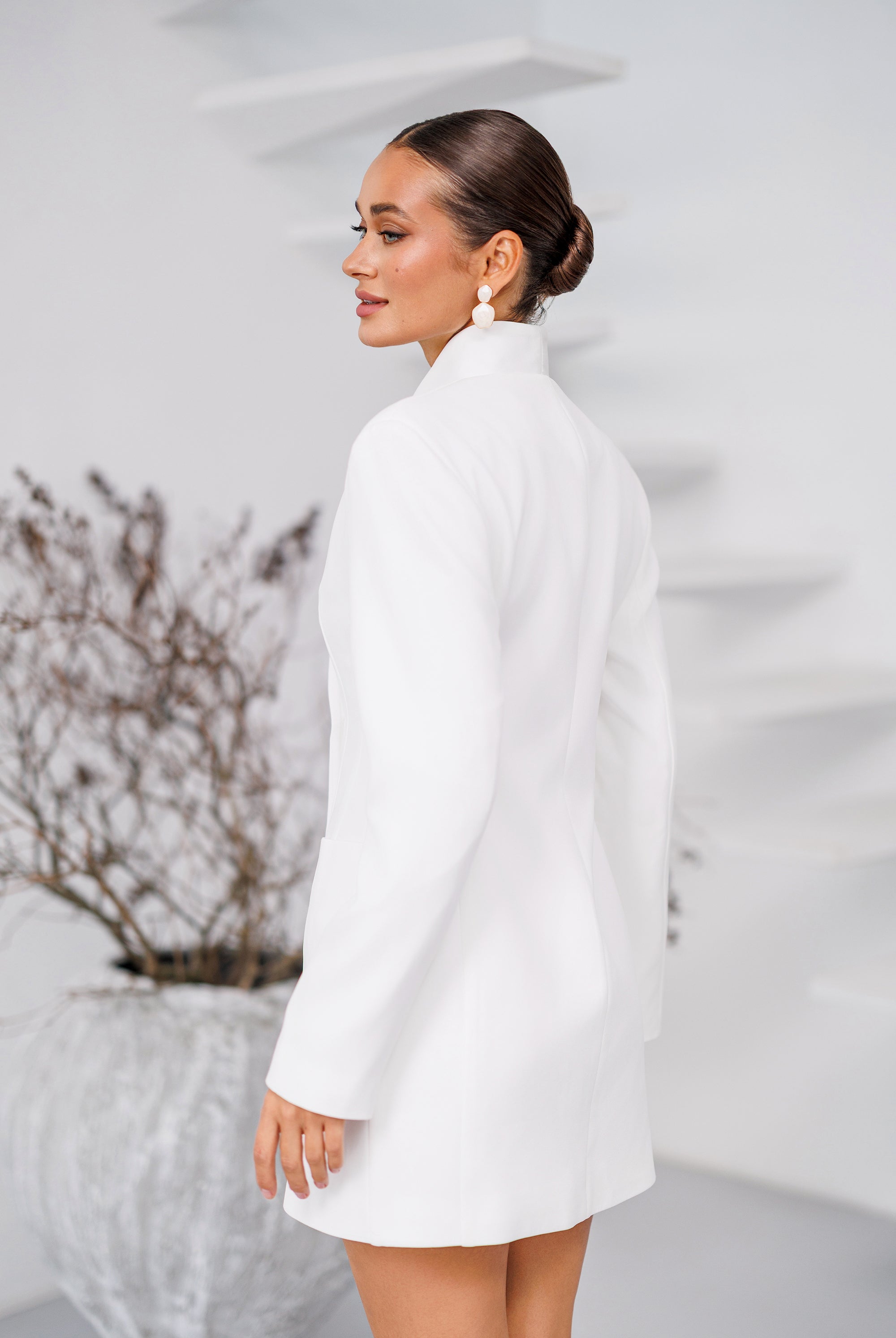 Monte White Collarless Double-Breasted Blazer Dress - close-up detail | ELAGIA