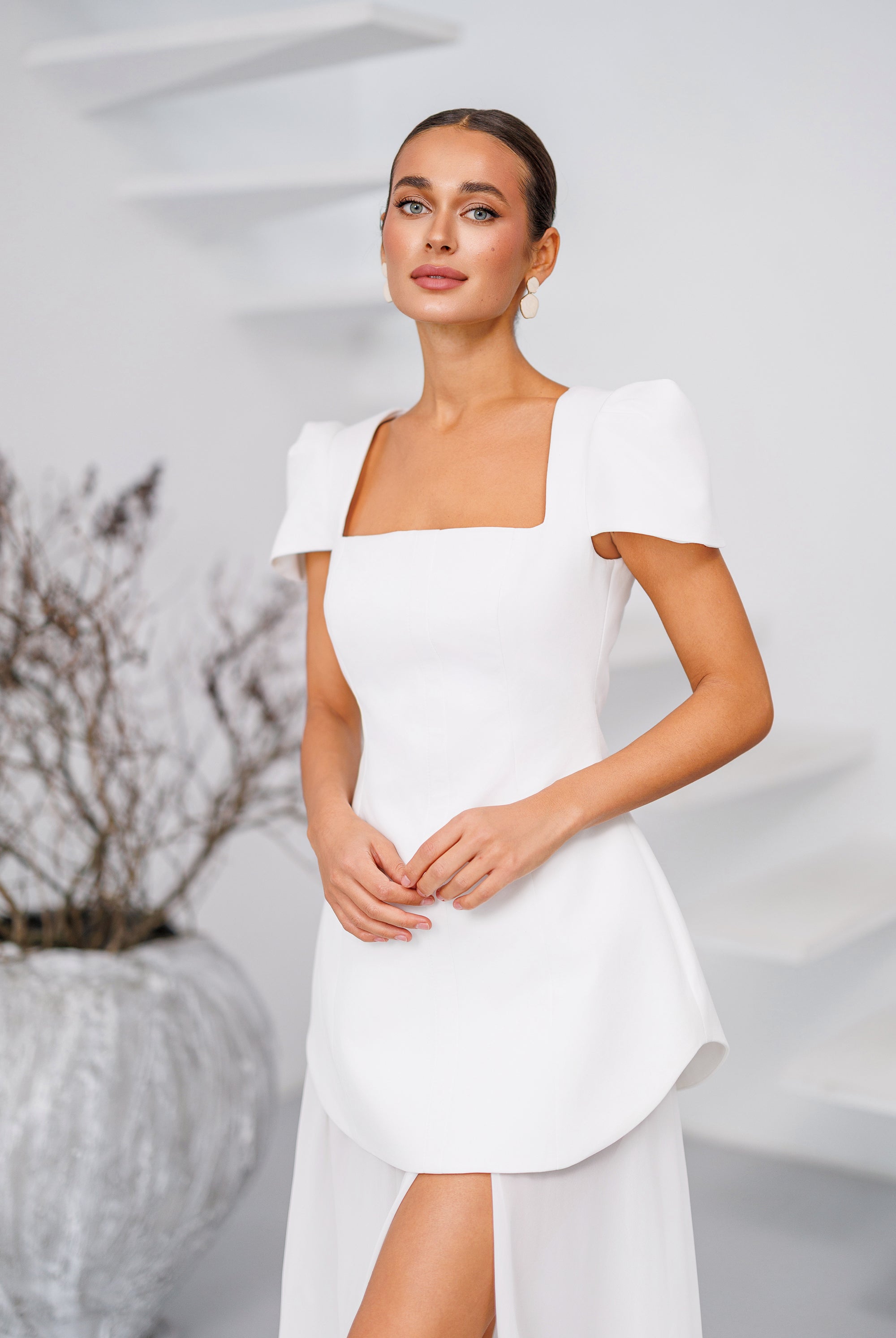 Elara White Square-Neck Puff-Sleeve Chiffon Maxi Dress - close-up detail | ELAGIA