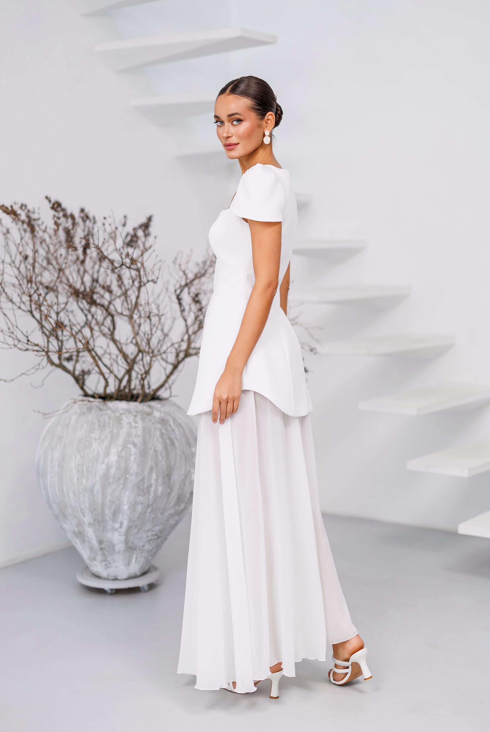 Elara White Square-Neck Puff-Sleeve Chiffon Maxi Dress - back view | ELAGIA