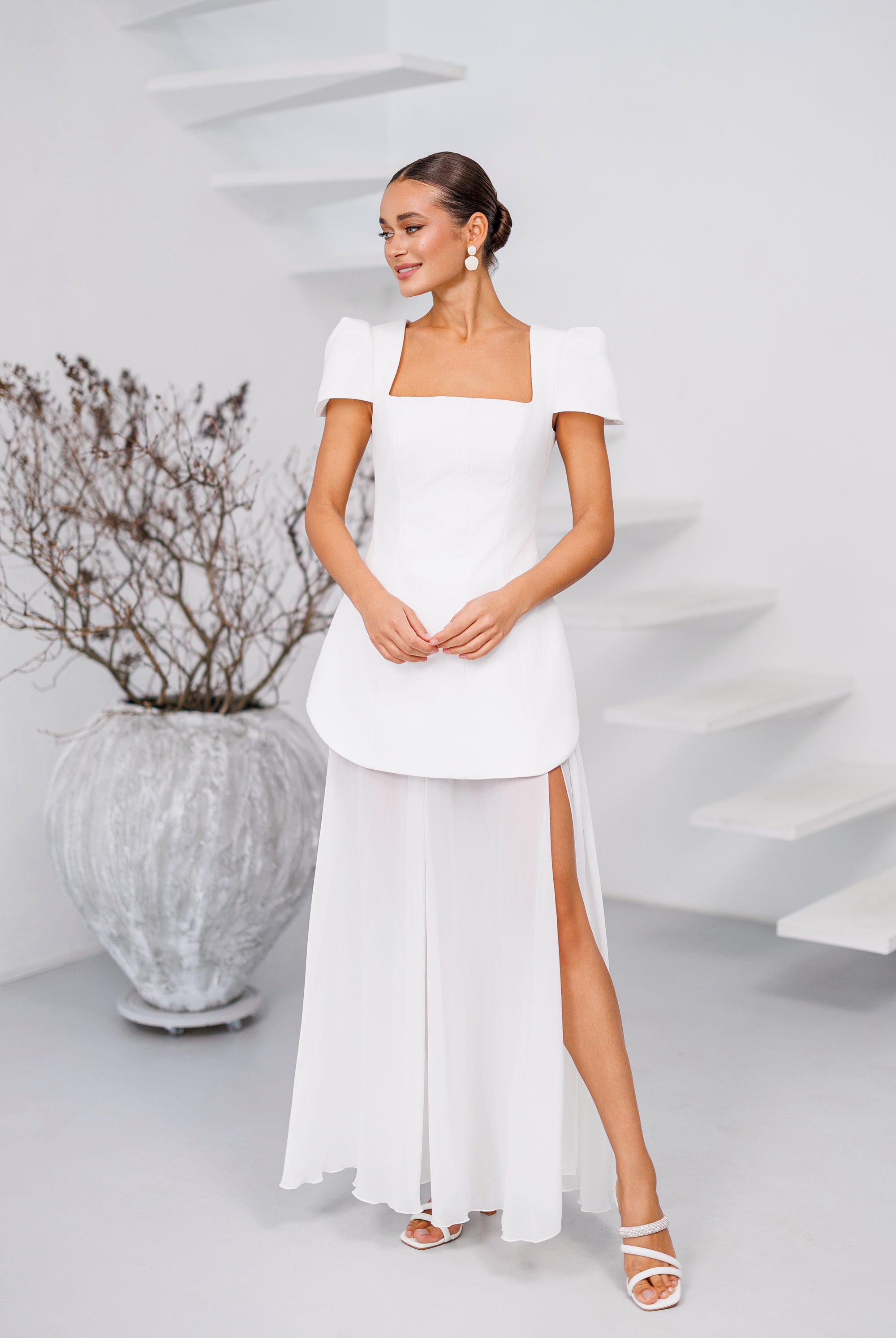 Elara White Square-Neck Puff-Sleeve Chiffon Maxi Dress - side view | ELAGIA
