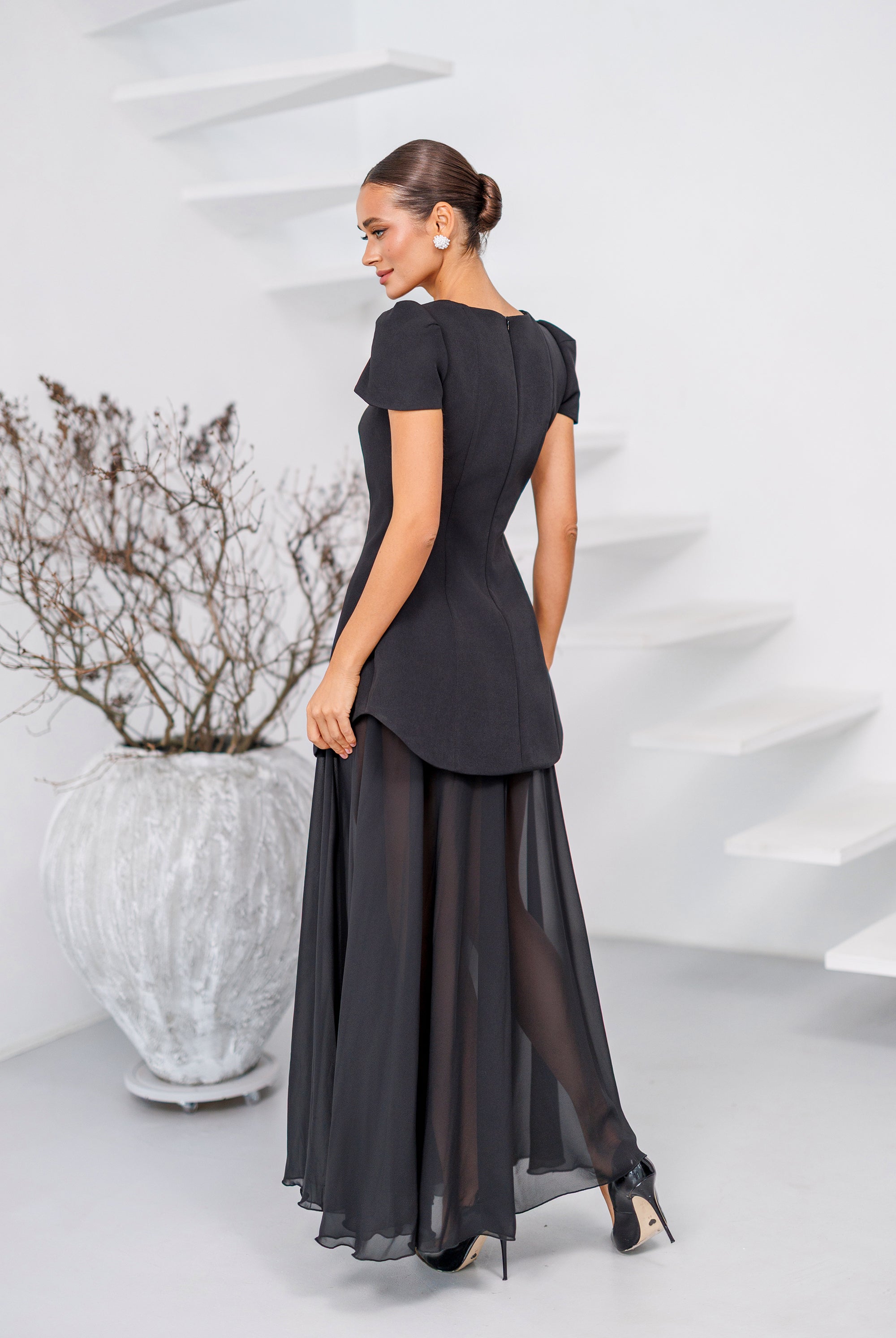 Elara Black Square-Neck Puff-Sleeve Chiffon Maxi Dress - side view | ELAGIA