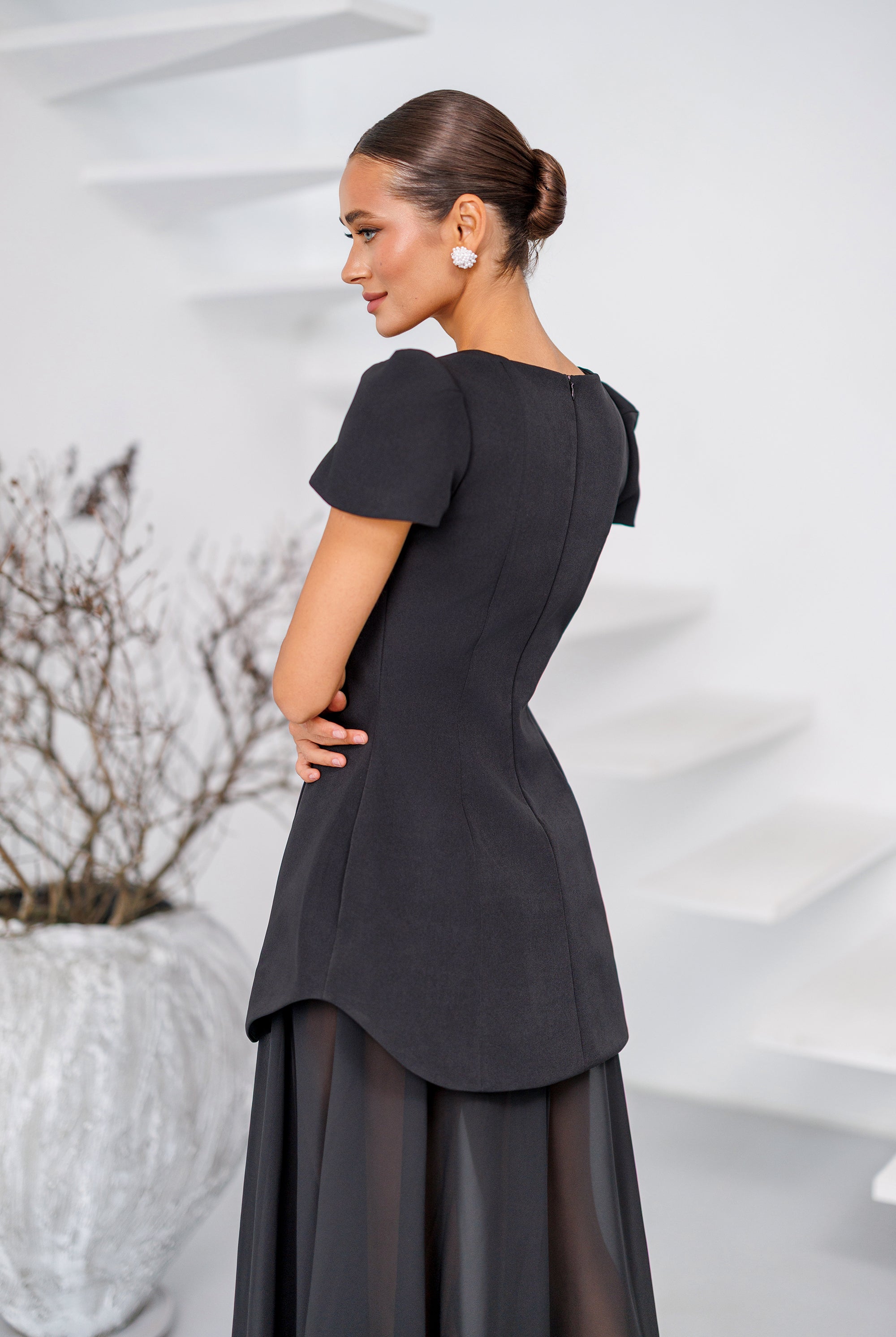 Elara Black Square-Neck Puff-Sleeve Chiffon Maxi Dress - back view | ELAGIA