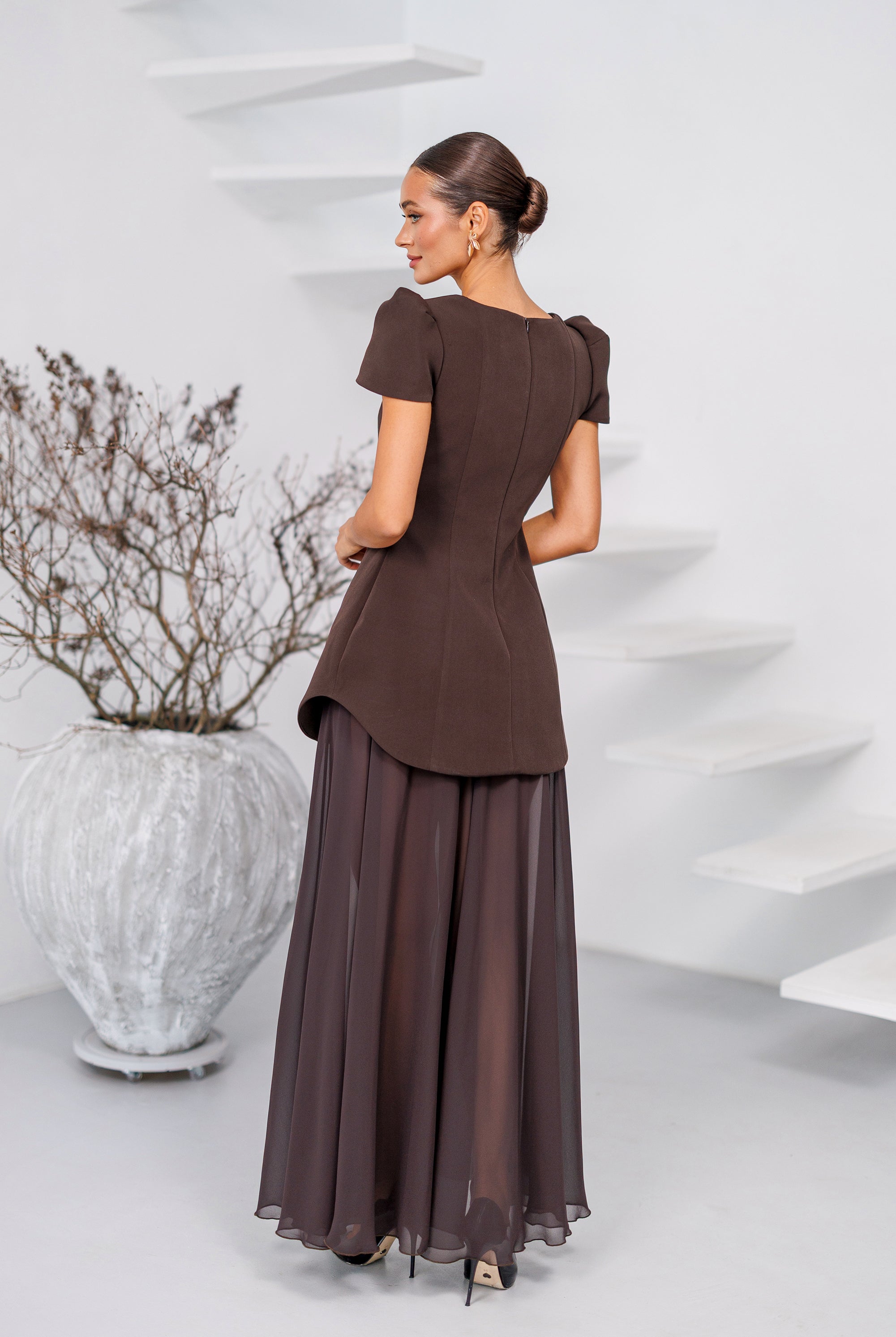 Elara Brown Square-Neck Puff-Sleeve Chiffon Maxi Dress - close-up detail | ELAGIA