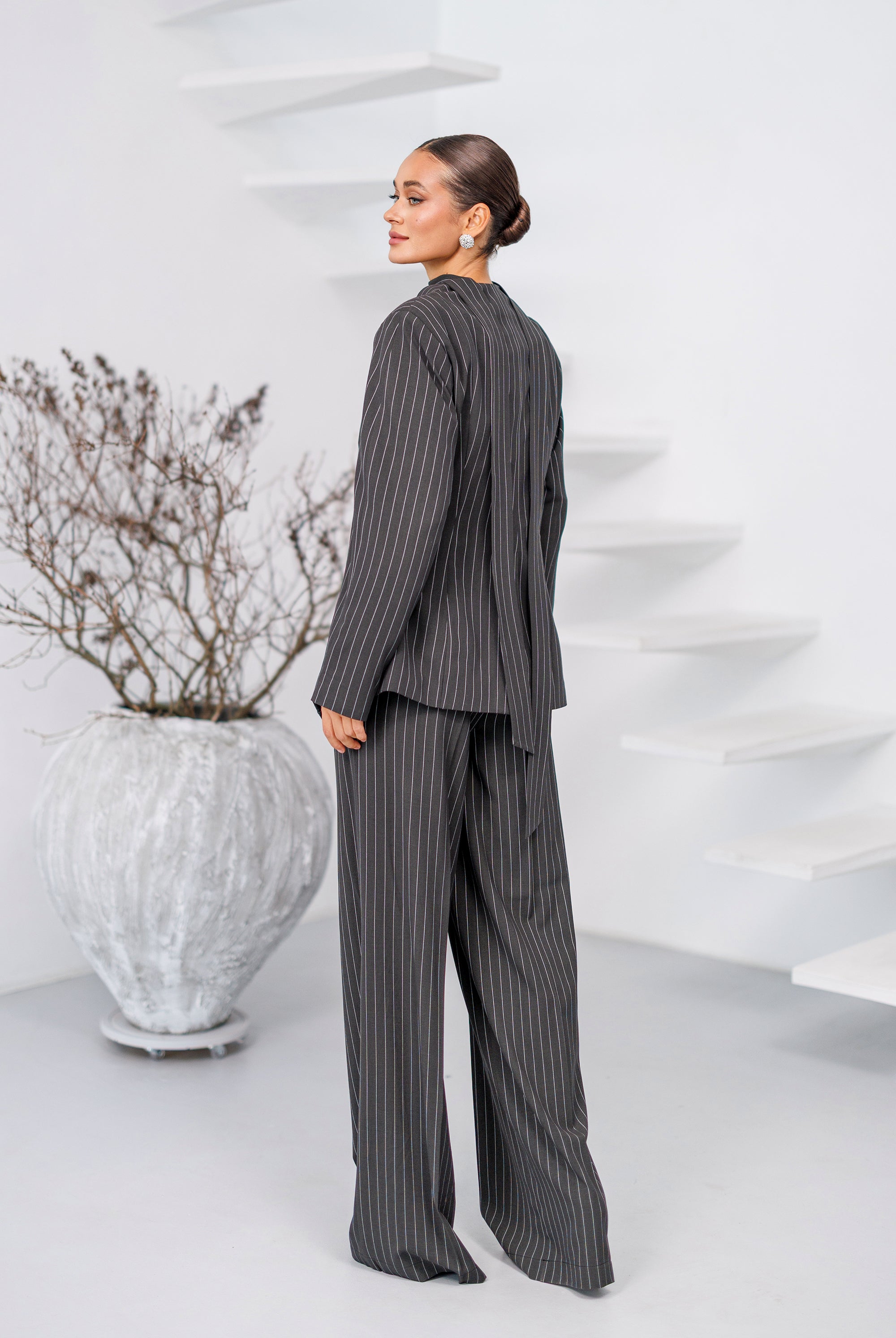 Dark Grey Striped Scarf-Neck Single-Breasted Suit 2-Piece - back view | ELAGIA