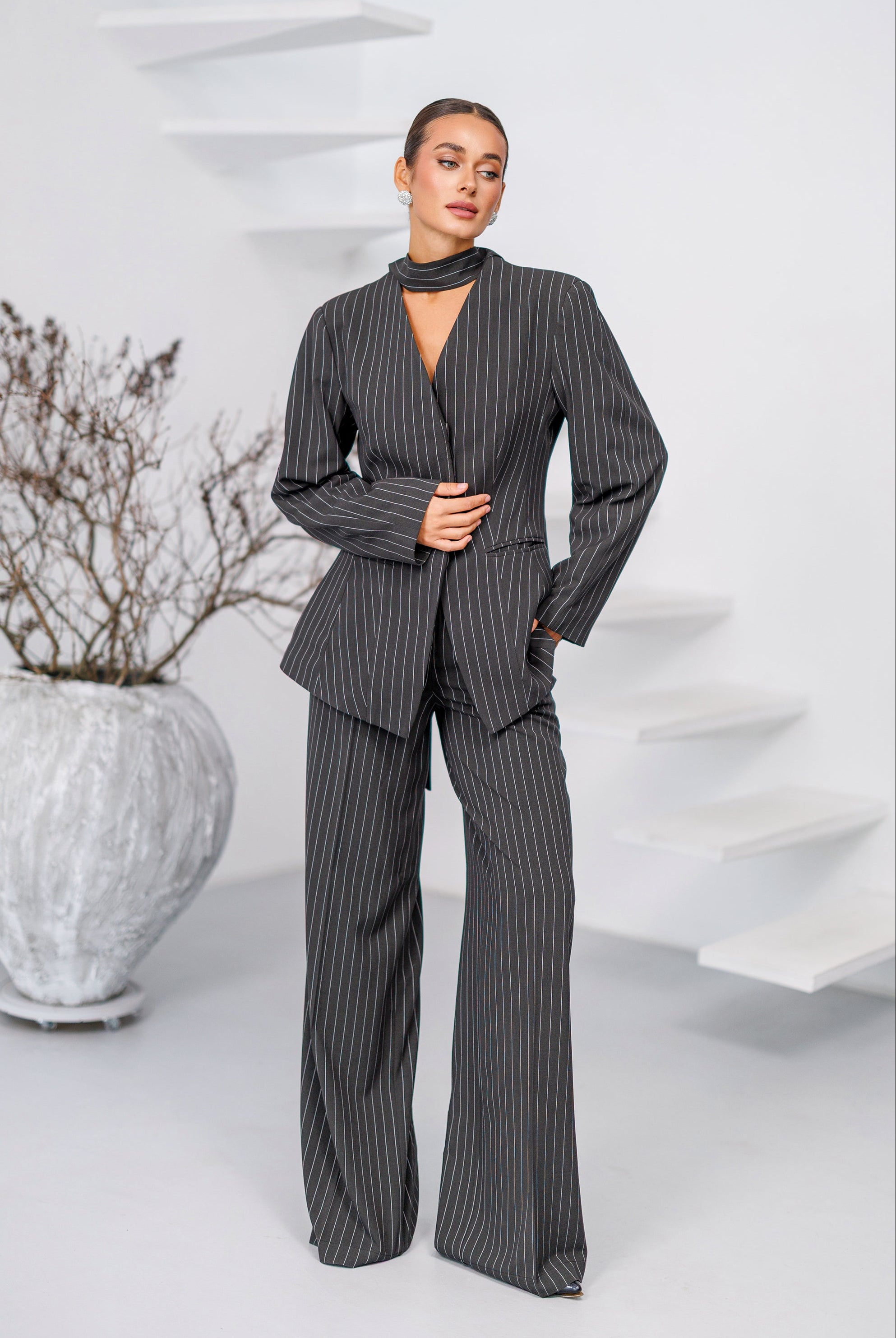 Dark Grey Striped Scarf-Neck Single-Breasted Suit 2-Piece - front view | ELAGIA