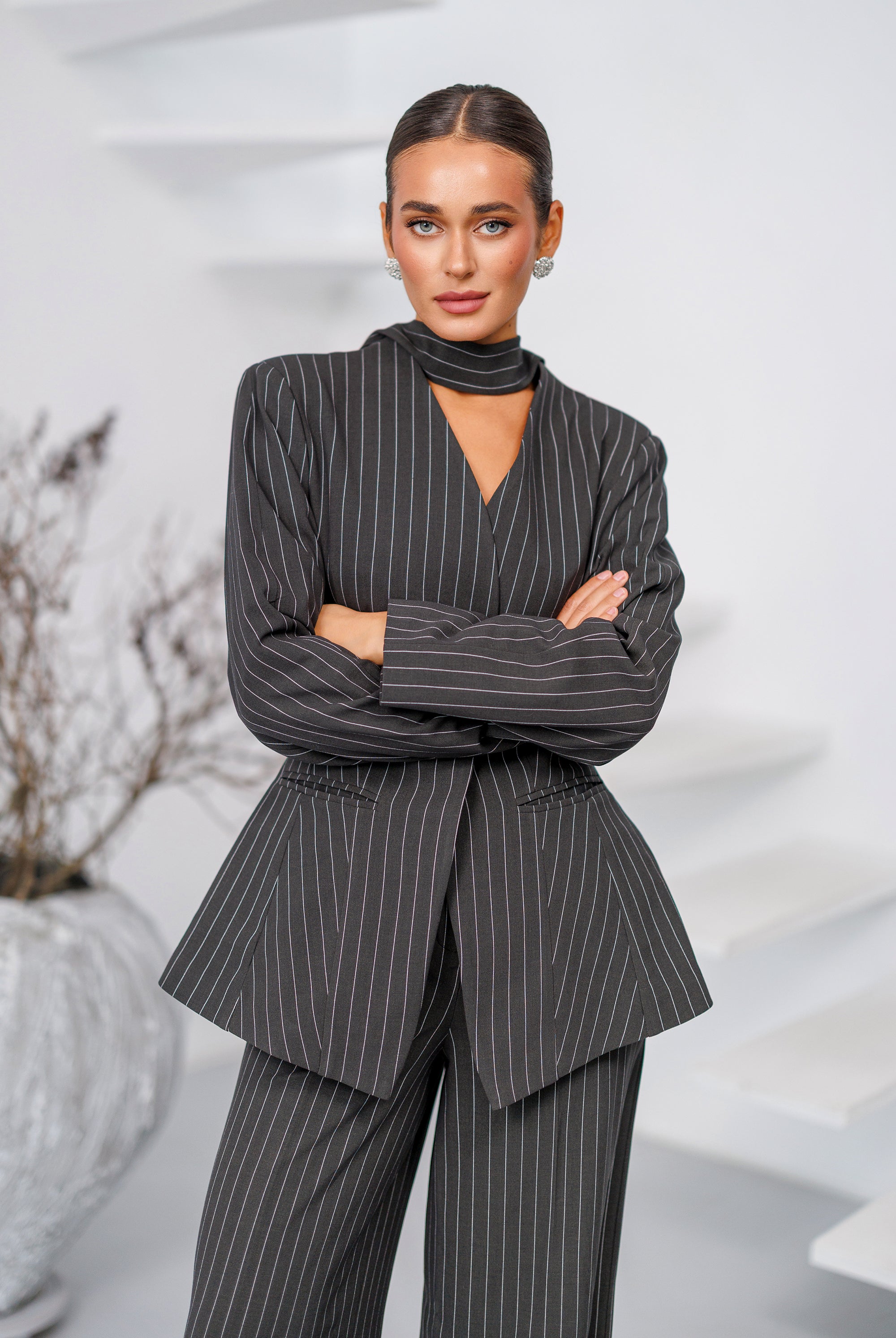 Dark Grey Striped Scarf-Neck Single-Breasted Suit 2-Piece - styled look | ELAGIA
