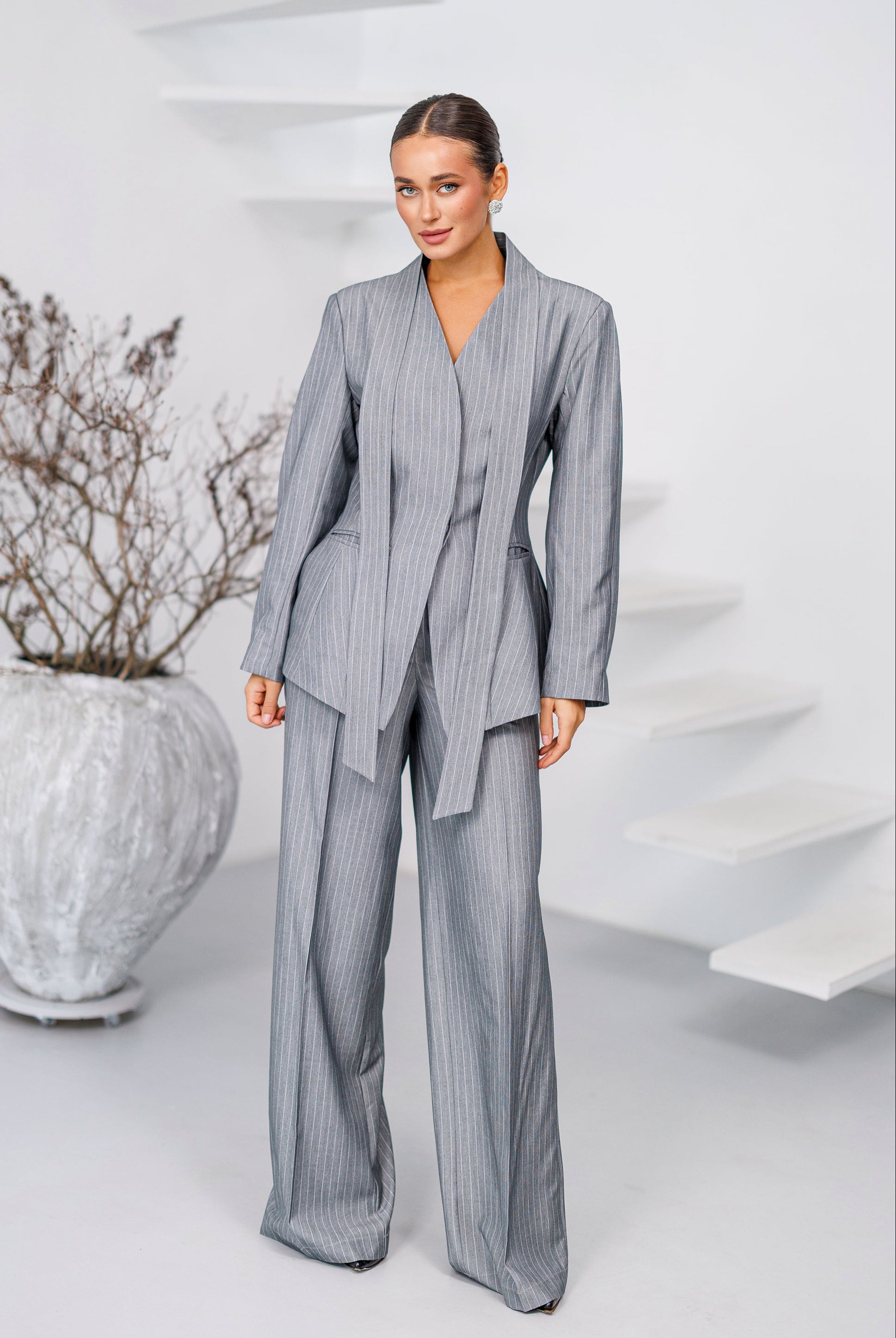 Grey Striped Scarf-Neck Single-Breasted Suit 2-Piece - front view | ELAGIA