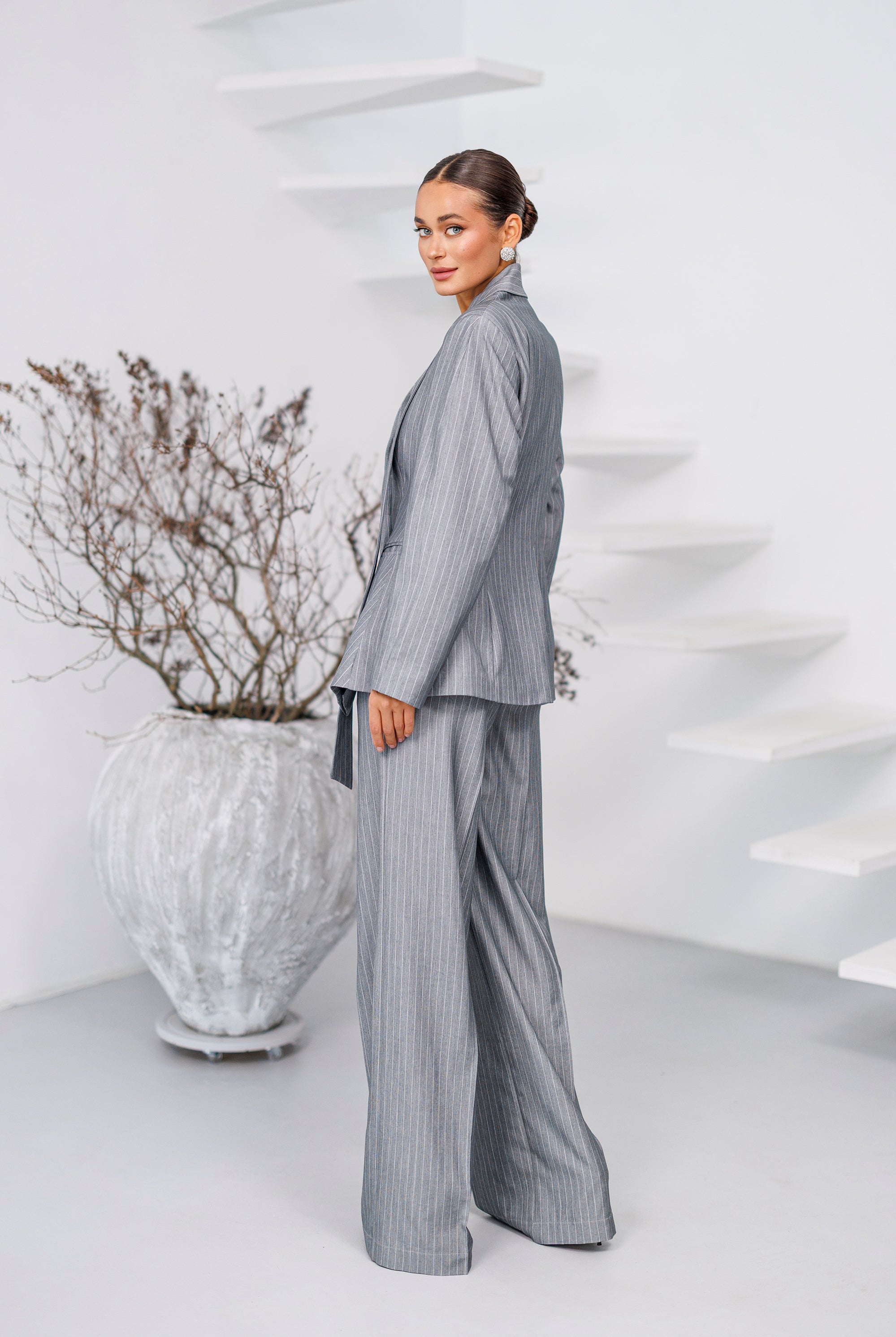 Grey Striped Scarf-Neck Single-Breasted Suit 2-Piece - side view | ELAGIA
