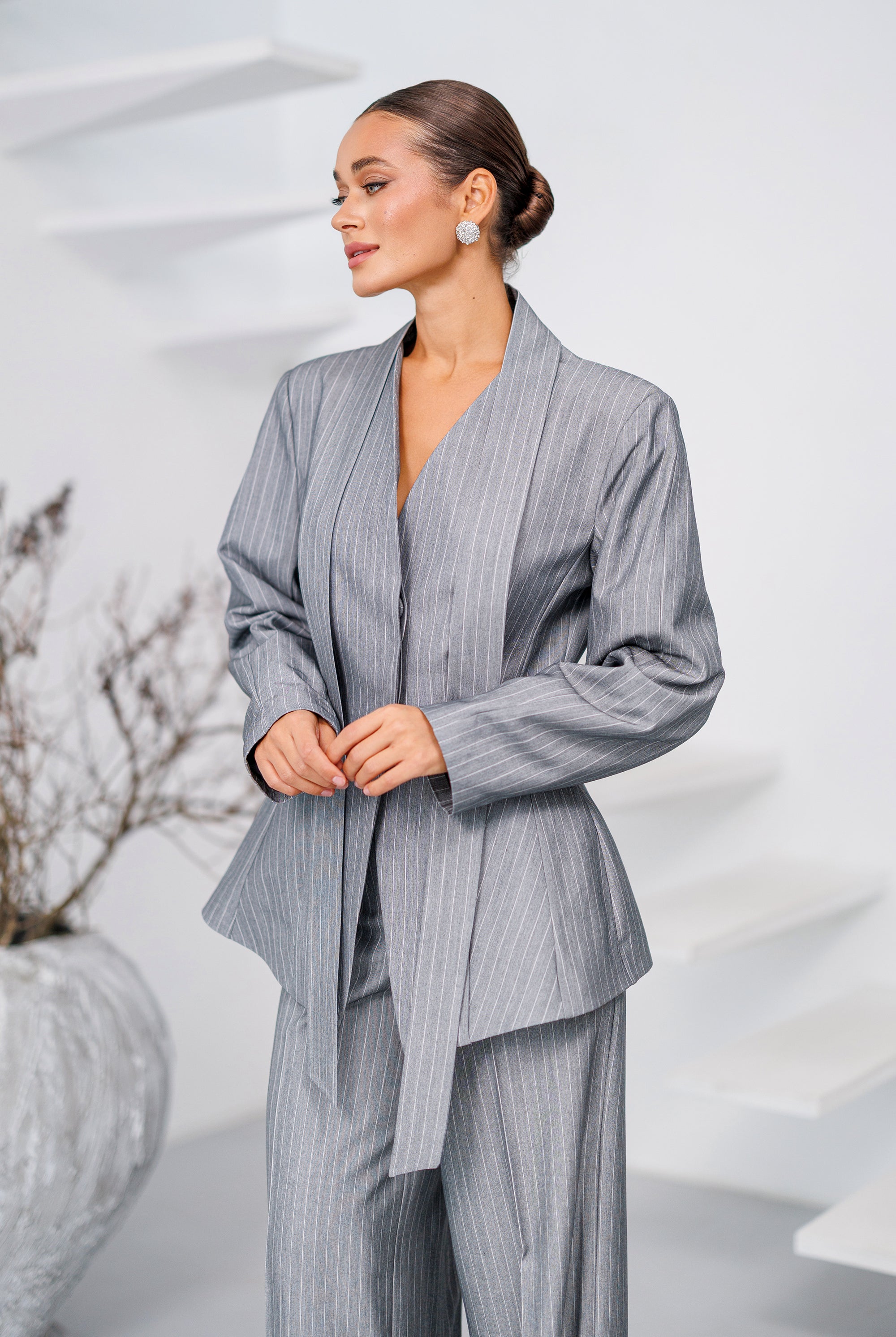Grey Striped Scarf-Neck Single-Breasted Suit 2-Piece - close-up detail | ELAGIA