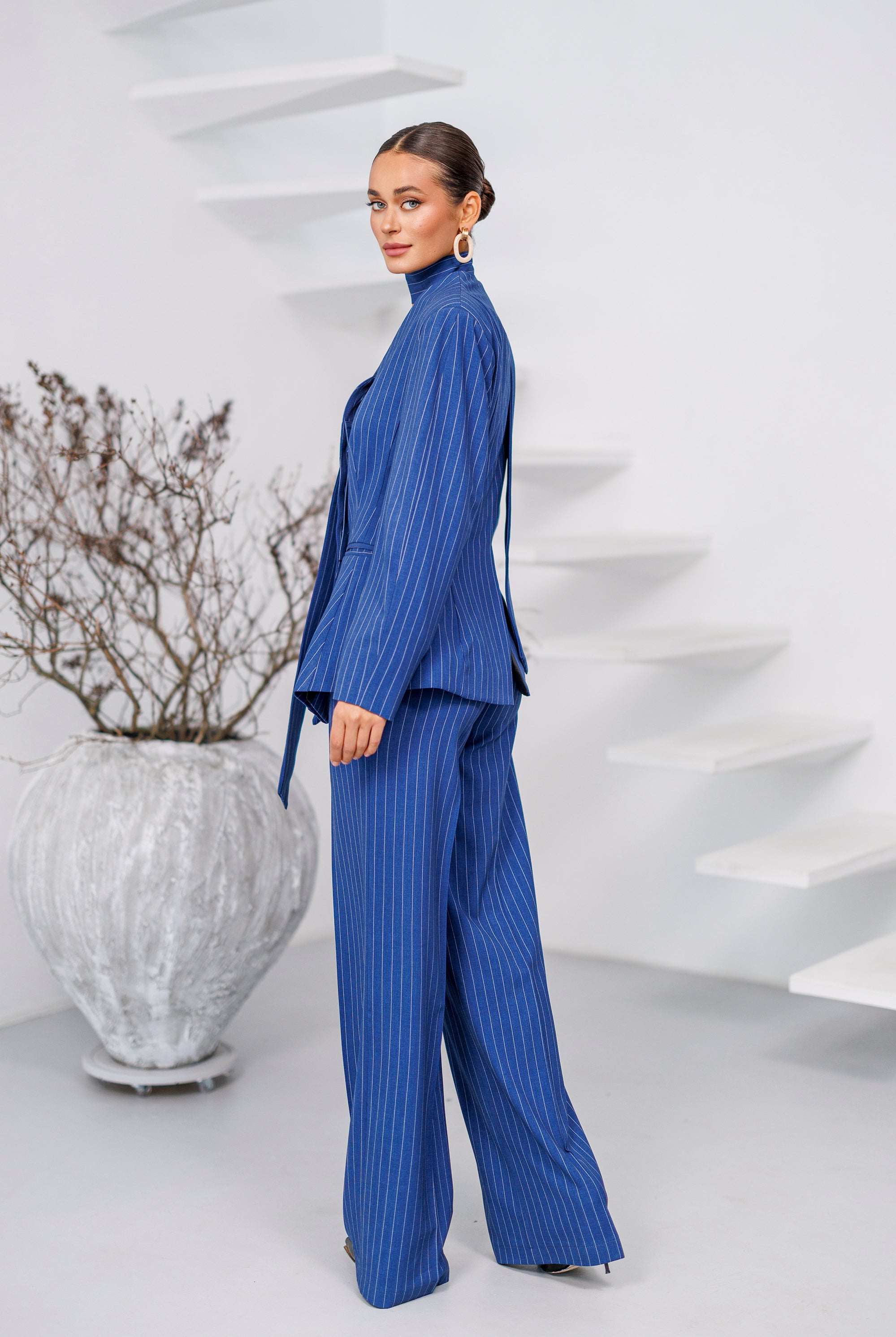 Navy Striped Scarf-Neck Single-Breasted Suit 2-Piece - side view | ELAGIA