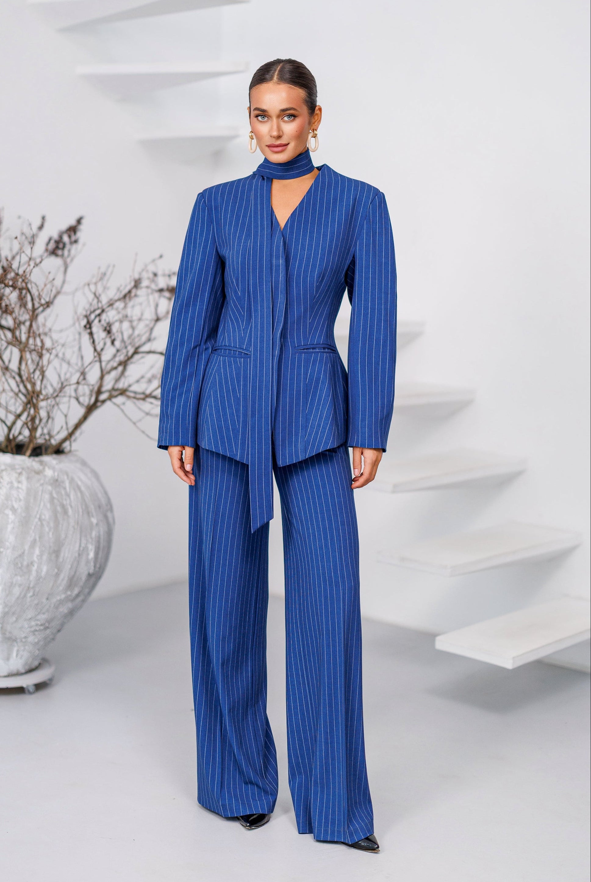 Navy Striped Scarf-Neck Single-Breasted Suit 2-Piece - front view | ELAGIA
