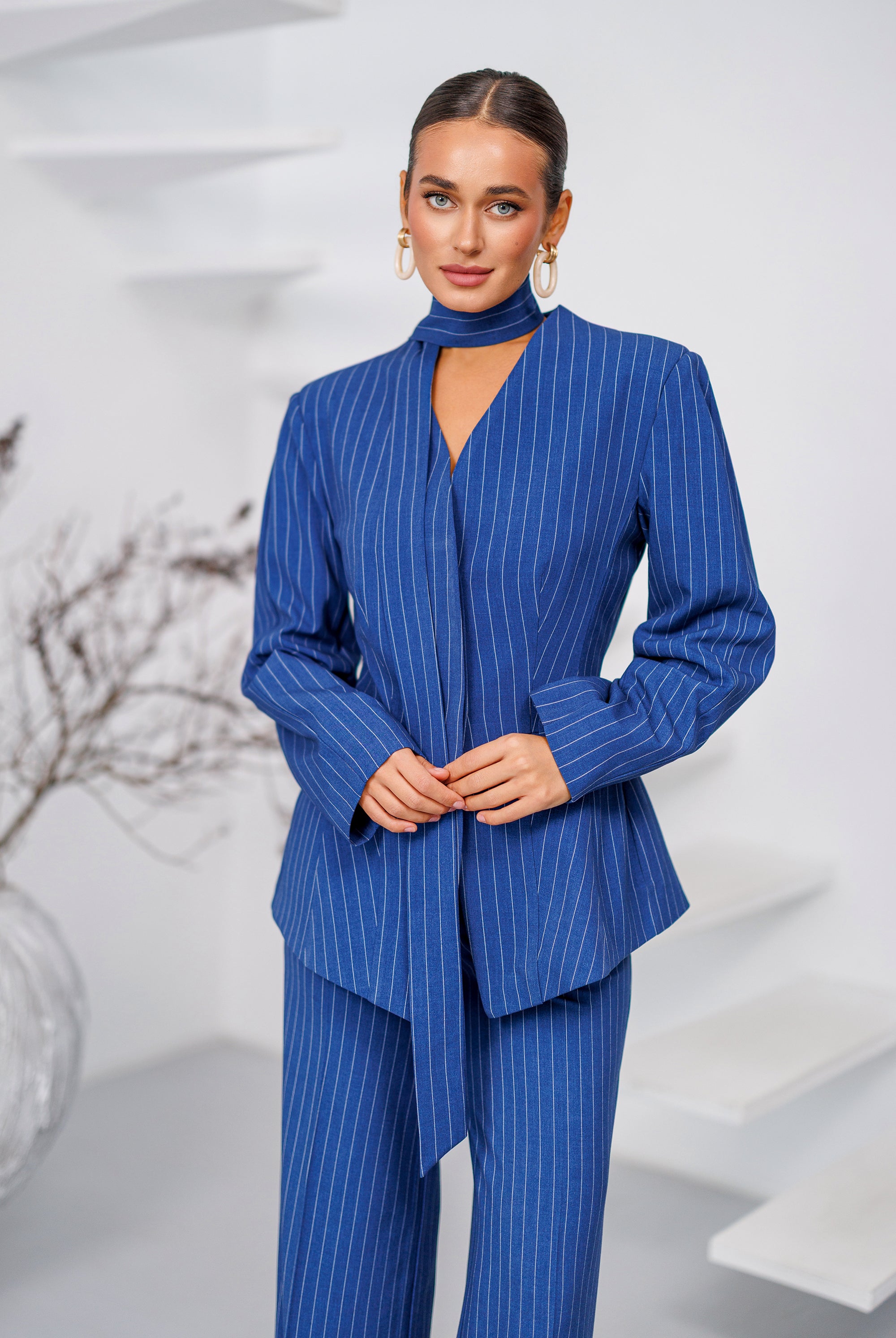 Navy Striped Scarf-Neck Single-Breasted Suit 2-Piece - back view | ELAGIA