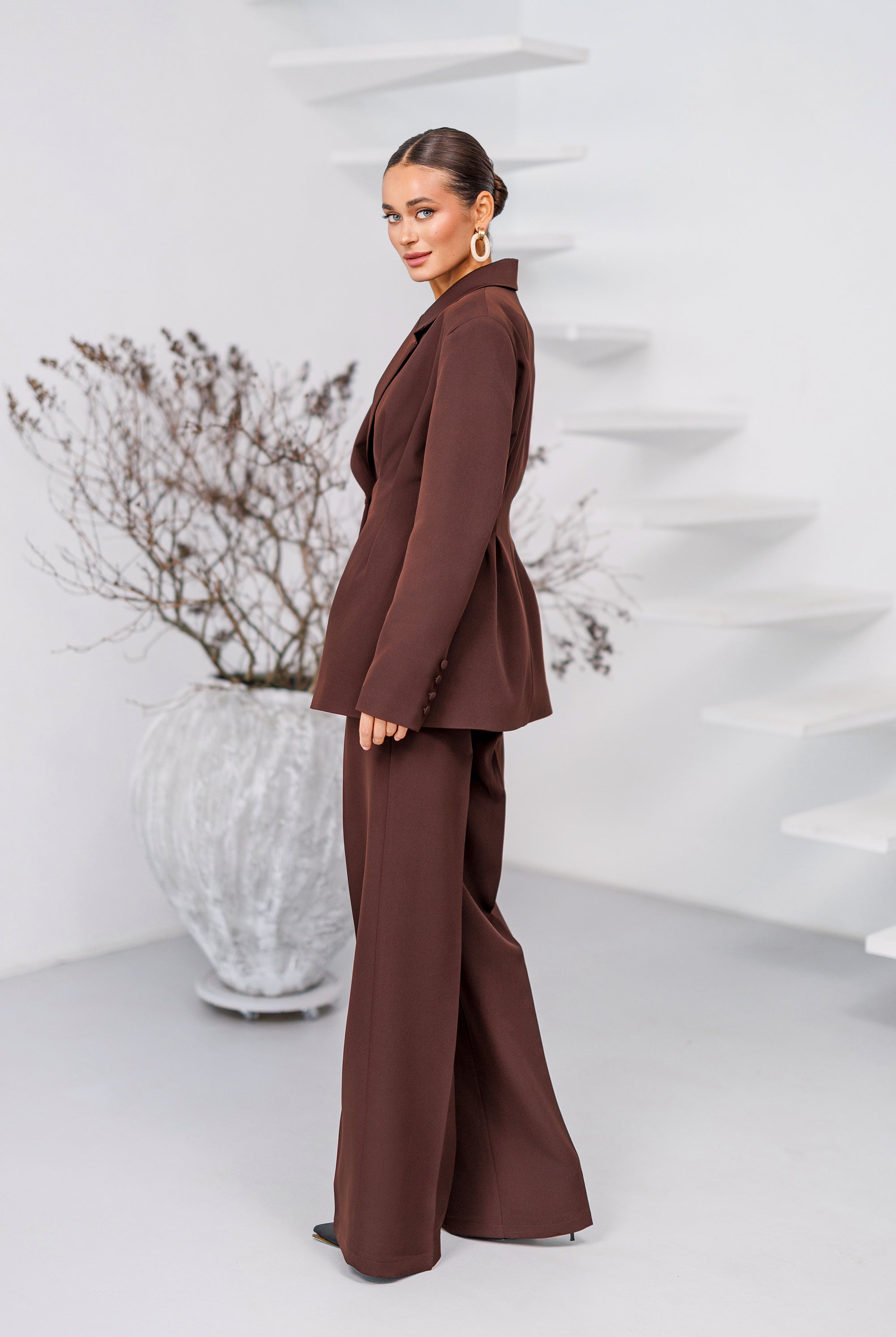 Kaia Brown Single-Breasted Pleated-Waist Suit 2-Piece - side view | ELAGIA