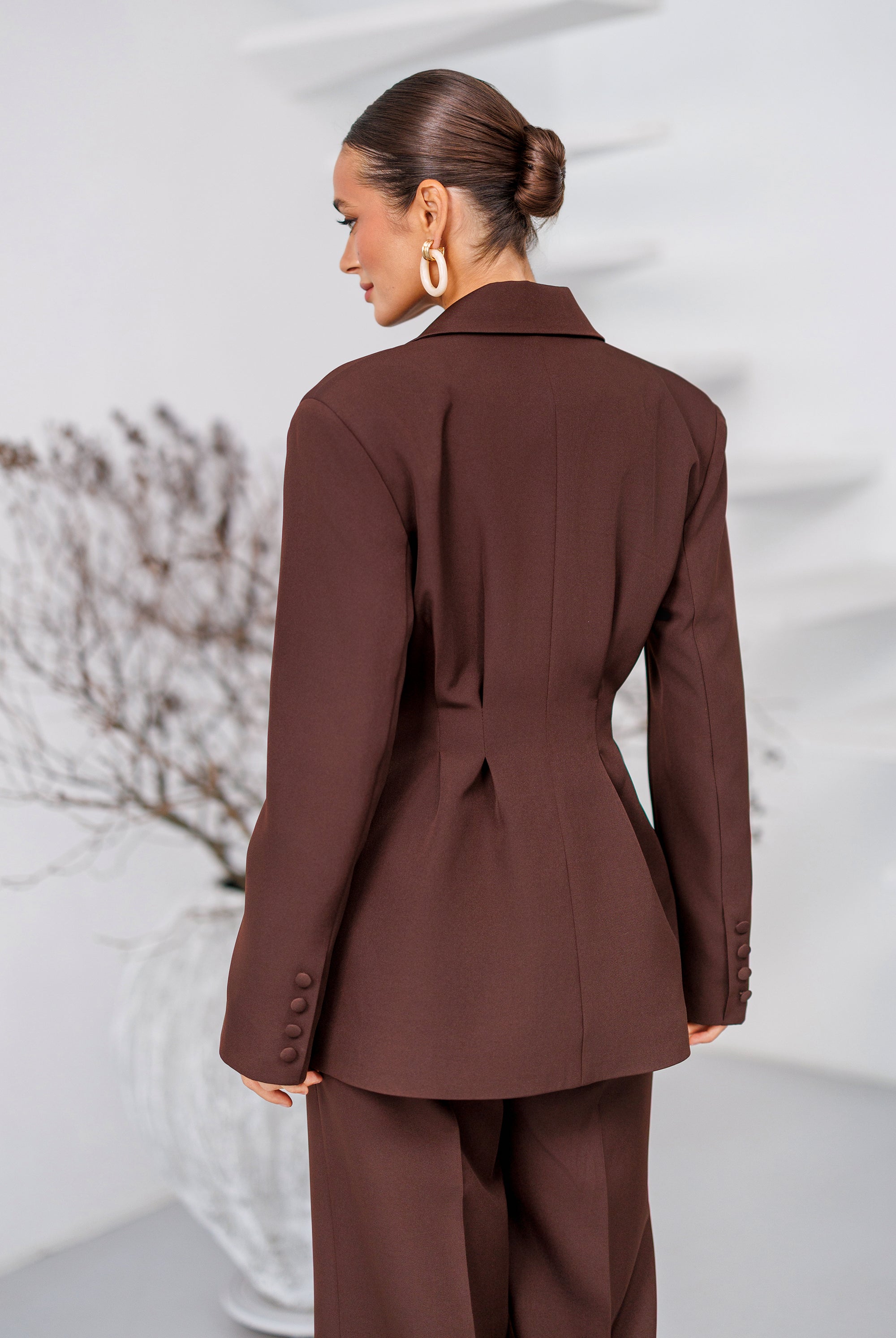 Kaia Brown Single-Breasted Pleated-Waist Suit 2-Piece - back view | ELAGIA