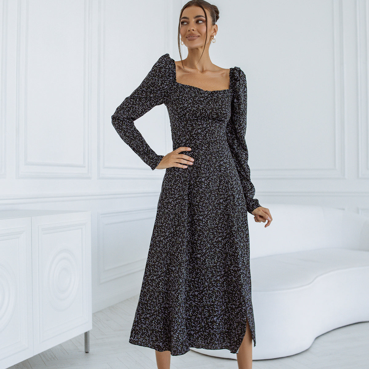 black square neck puff sleeve midi dress Black Square Neck Puff Sleeve Midi Dress